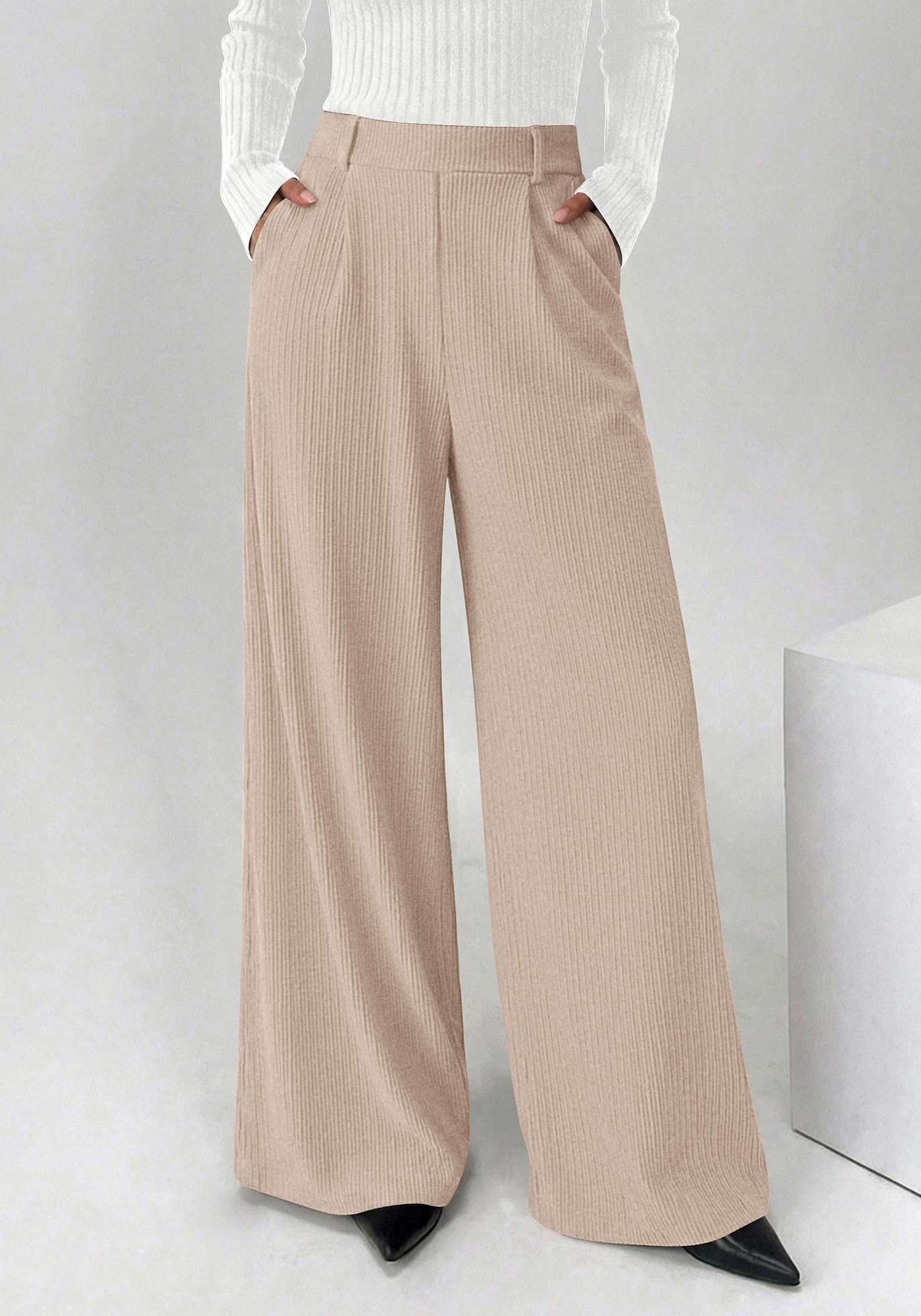 BTFBM Wide Leg Pants for Women Dressy Work Business Casual Elastic High Waisted Trousers Ribbed Lounge Palazzo Pants