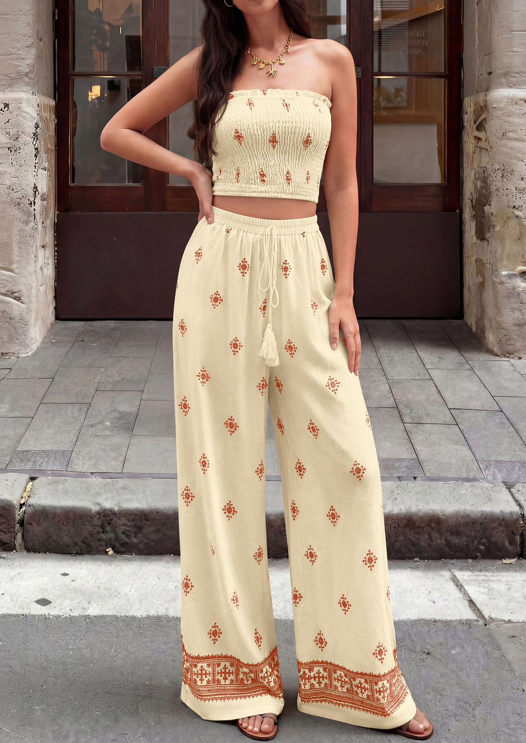 PRETTYGARDEN 2 Piece Sets for Women Summer  Travel Outfits Print Tube Tops Wide Leg Pants Beach Vacation Clothes