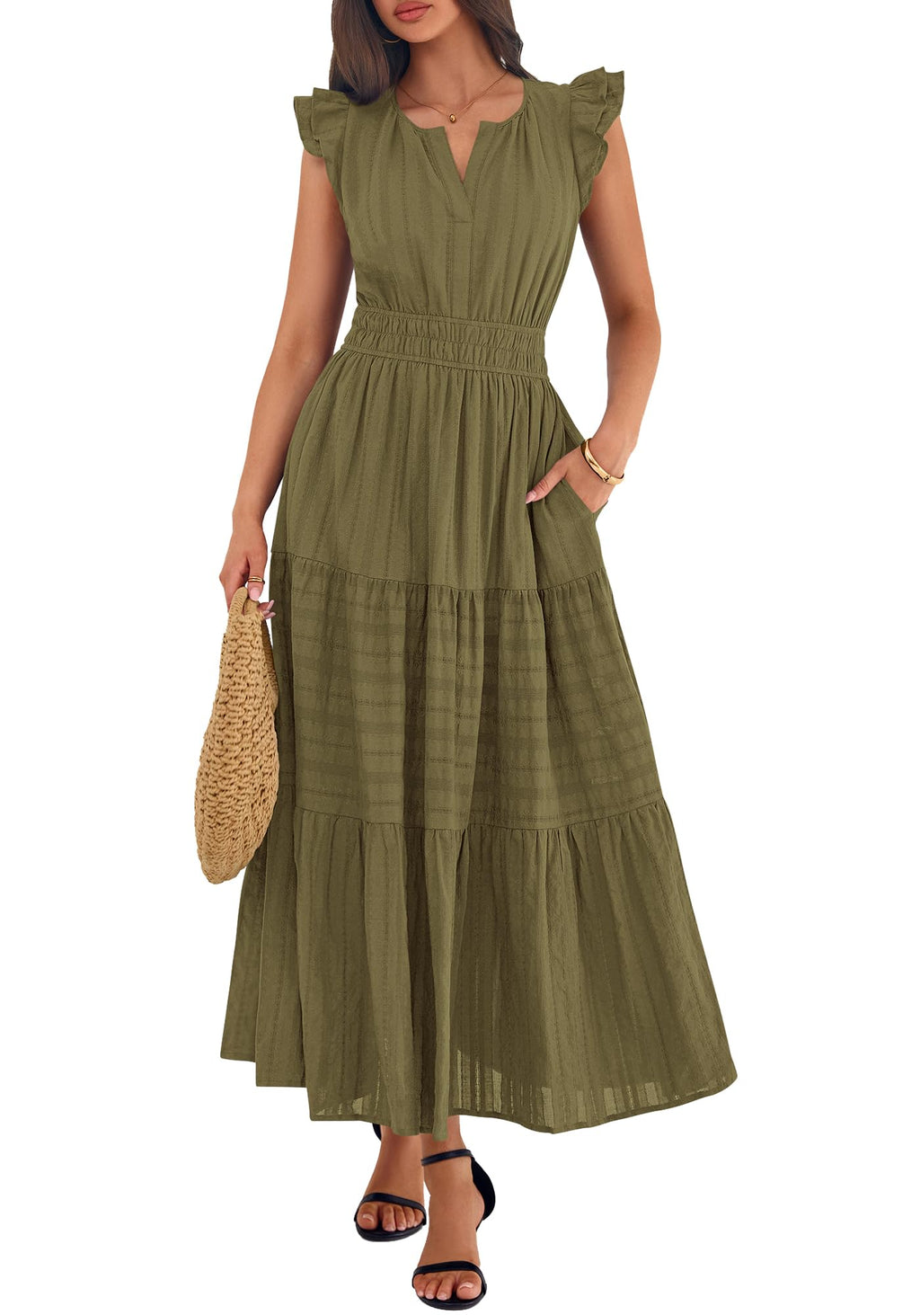 BTFBM Womens Summer Maxi Dress  Spring Boho Vacation Ruffle Flutter Short Sleeve A Line Tiered Flowy Dresses Pockets