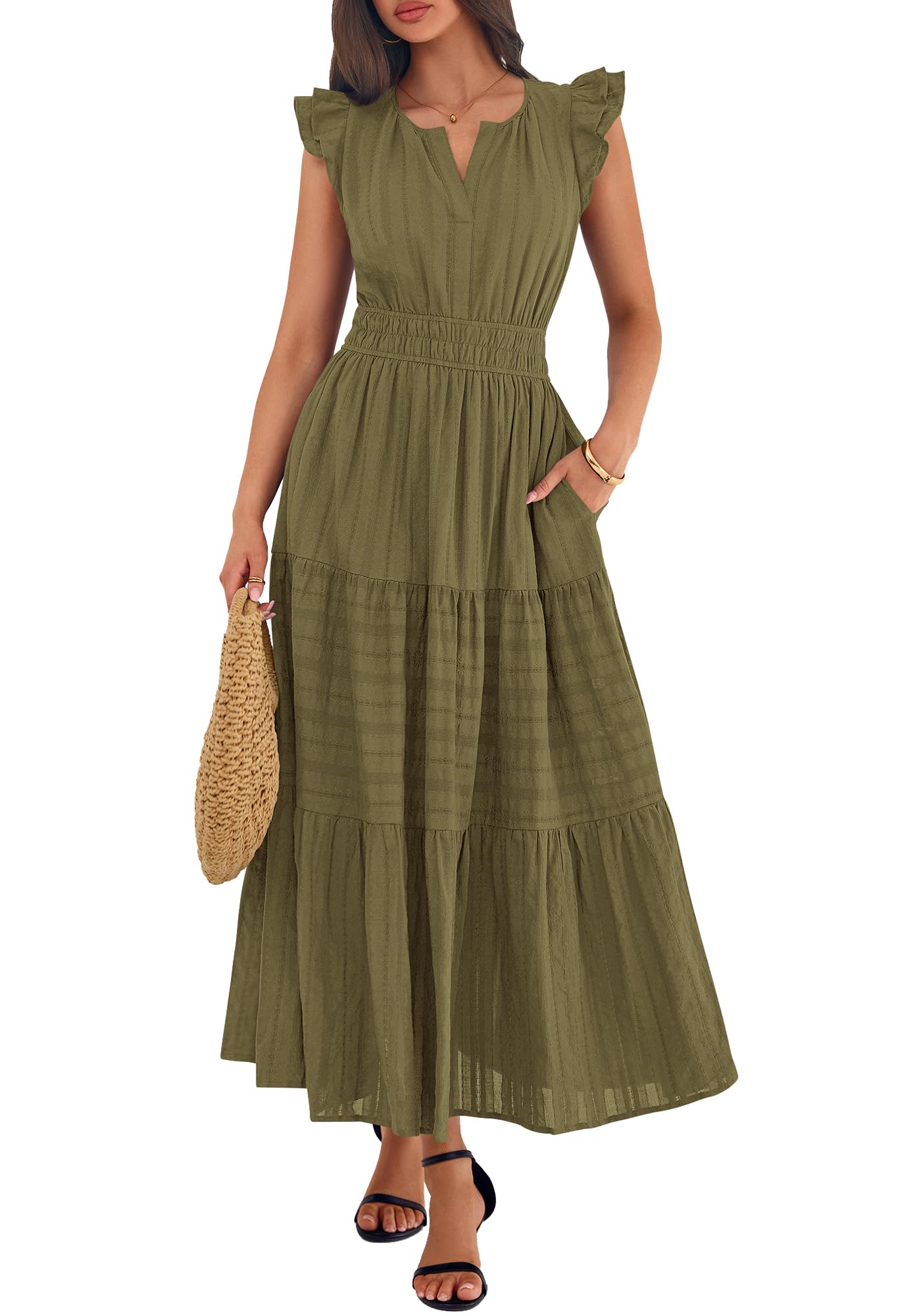 BTFBM Womens Summer Maxi Dress  Spring Boho Vacation Ruffle Flutter Short Sleeve A Line Tiered Flowy Dresses Pockets