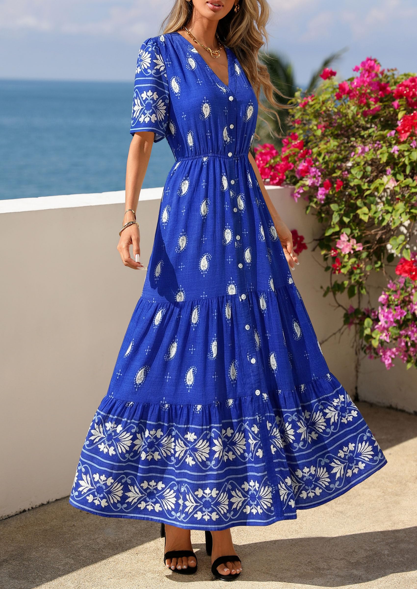 PRETTYGARDEN Womens Summer Boho Maxi Dress Trendy Short Sleeve V Neck Flowy Beach Floral Dresses with Pockets