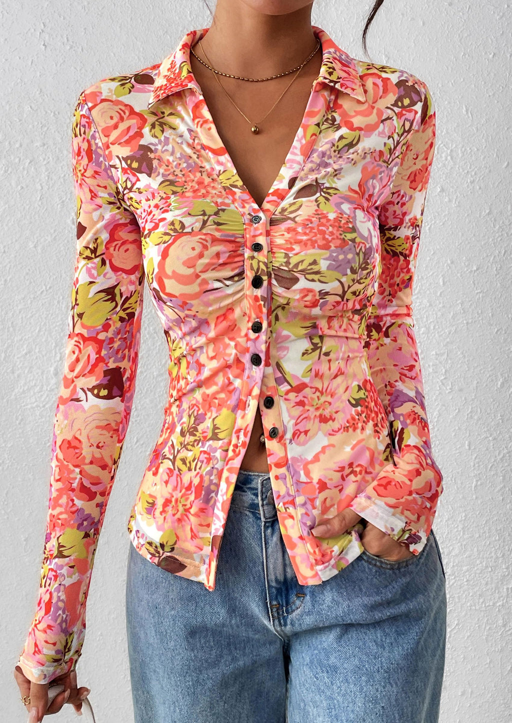 PRETTYGARDEN Women Button Down Floral Shirts Fall Trendy Long Sleeve V Neck Mesh Boho Blouse Spring Tops Date Outfits
