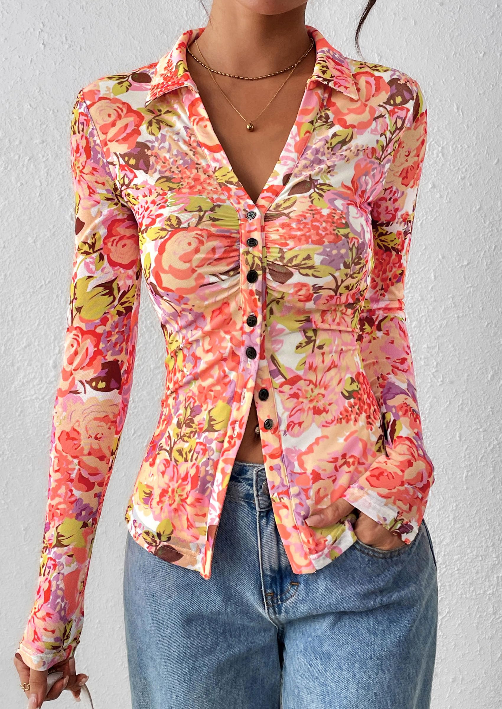 PRETTYGARDEN Women Button Down Floral Shirts Fall Trendy Long Sleeve V Neck Mesh Boho Blouse Spring Tops Date Outfits