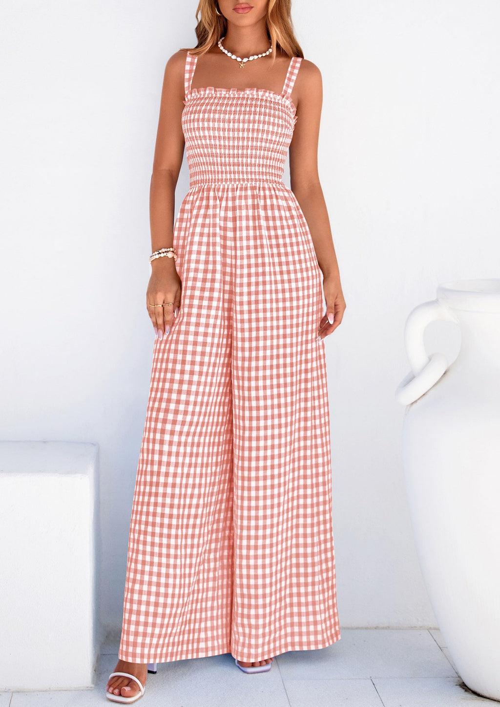 PRETTYGARDEN One Piece Jumpsuits for Women Casual Summer Cruise Outfits  Spring Fashion Smocked Wide Leg Gingham Rompers