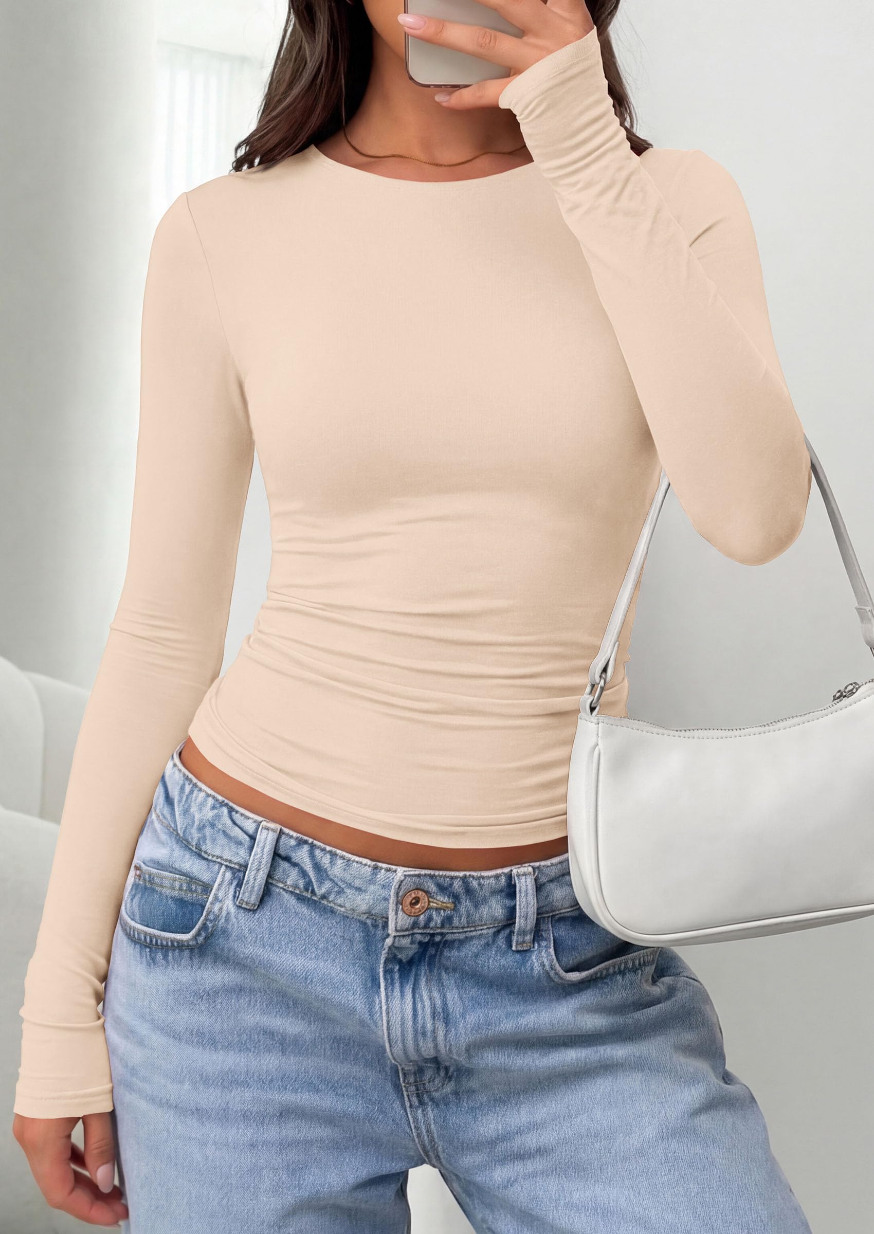 PRETTYGARDEN Long Sleeve Shirts for Women  Fall Casual Crewneck Tight Slim Fit Layering Basic T Shirt Going Out Tops