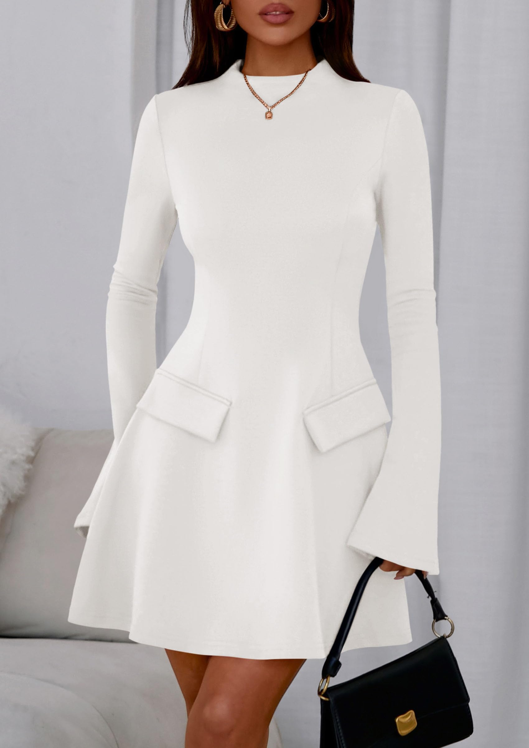 PRETTYGARDEN Women's Elegant Holiday Short Dress  Fall Bell Long Sleeve Mock Neck Work Business Casual Party Mini Dress