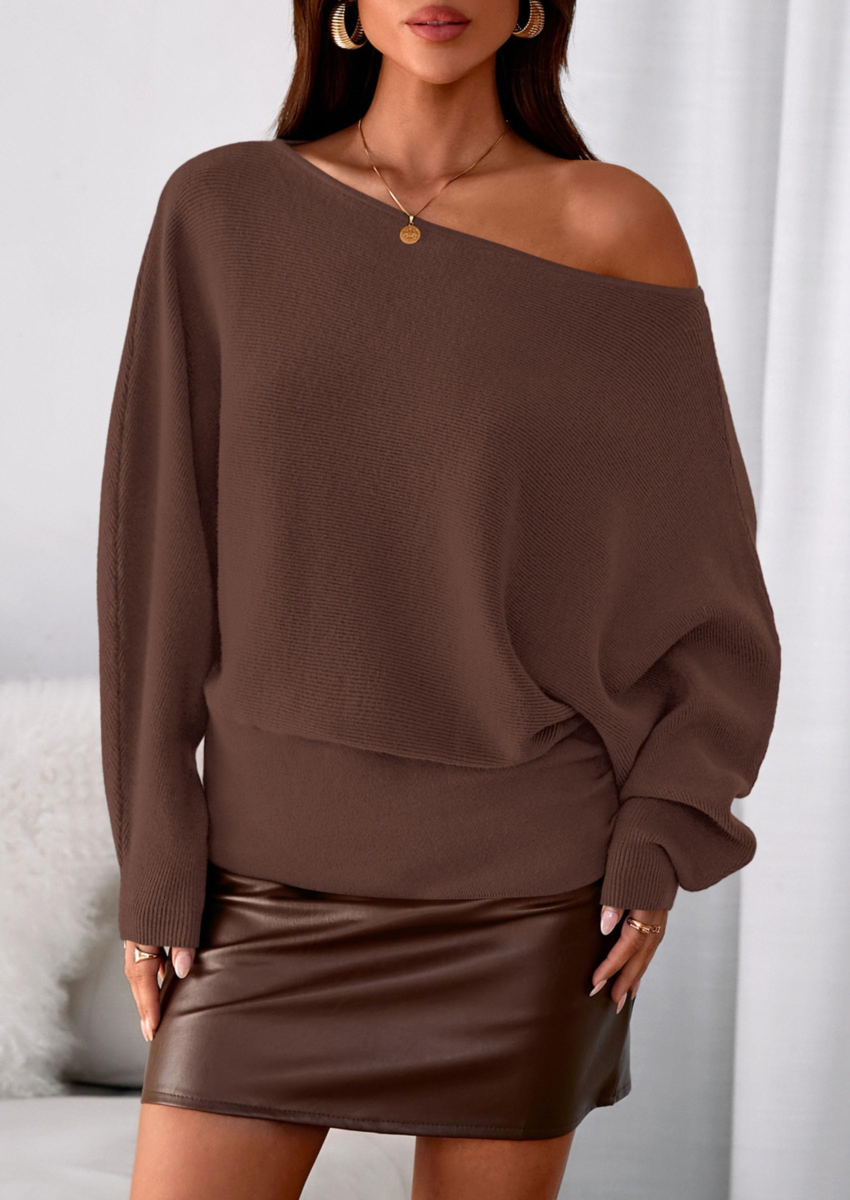 PRETTYGARDEN Women Off the Shoulder Sweater  Fall Trendy Long Batwing Sleeve Knit Pullover Going Out Tops Winter Clothing