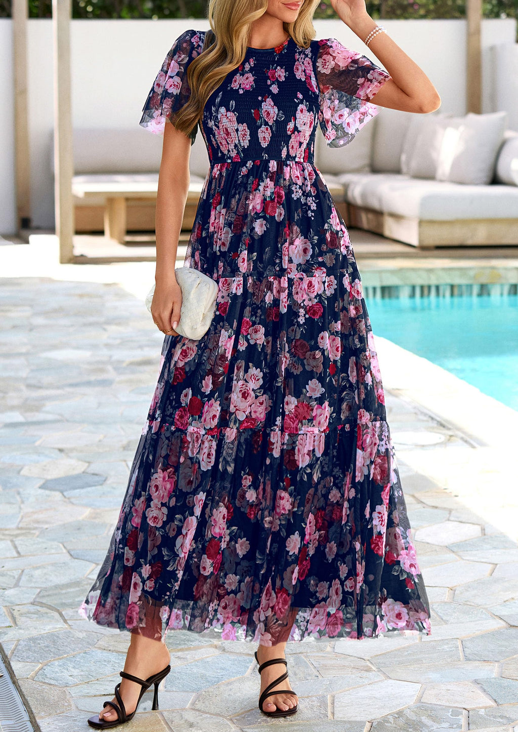 PRETTYGARDEN Tulle Floral Dress Women Summer Wedding Guest  Spring Short Sleeve Maxi Smocked Flowy Beach Party Dresses
