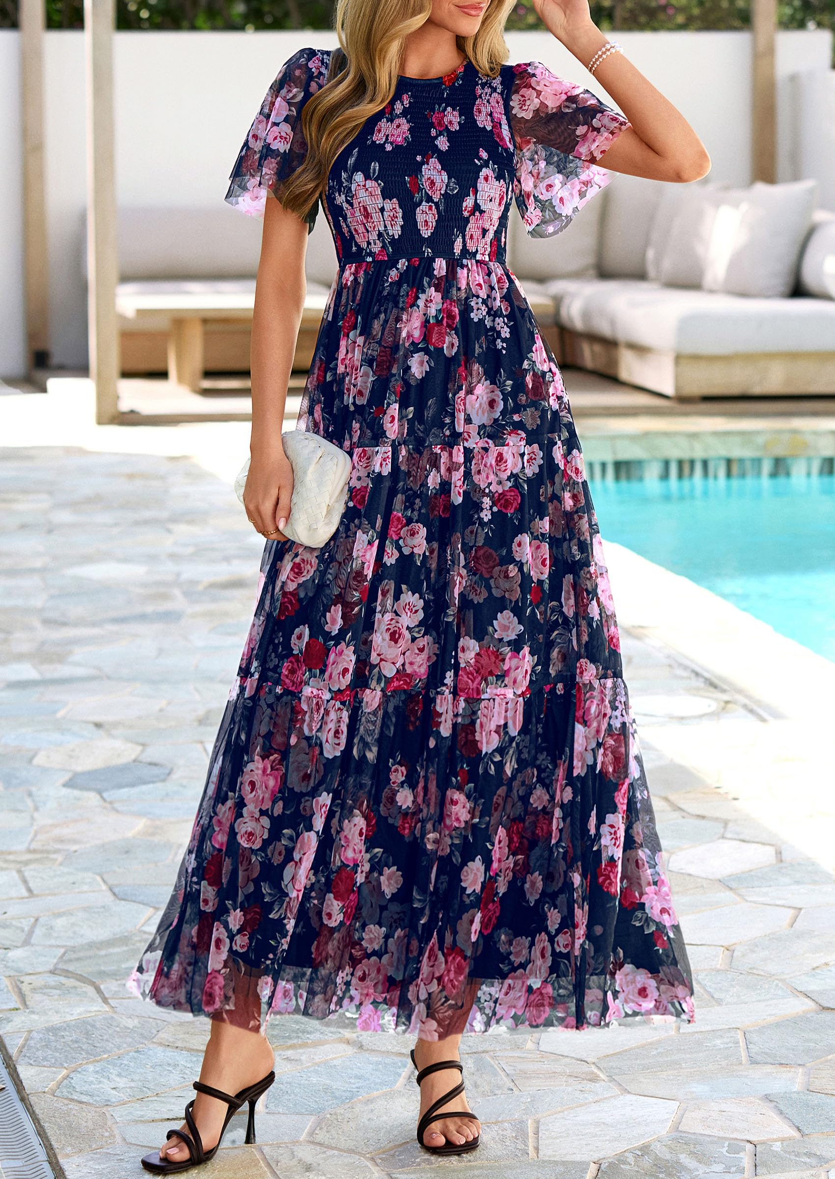 PRETTYGARDEN Tulle Floral Dress Women Summer Wedding Guest  Spring Short Sleeve Maxi Smocked Flowy Beach Party Dresses