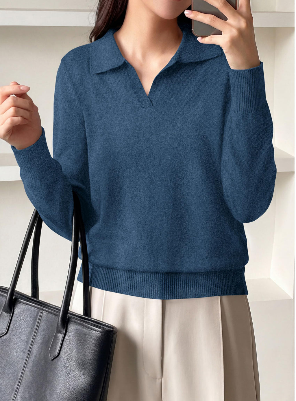 PRETTYGARDEN Womens Long Sleeve Collared Polo Sweater | Breathable Soft Ribbed Knit, Lapel V Neck Pullover Sweaters, Business Casual Work Office Tops, 2026 Trendy Fall Outfits