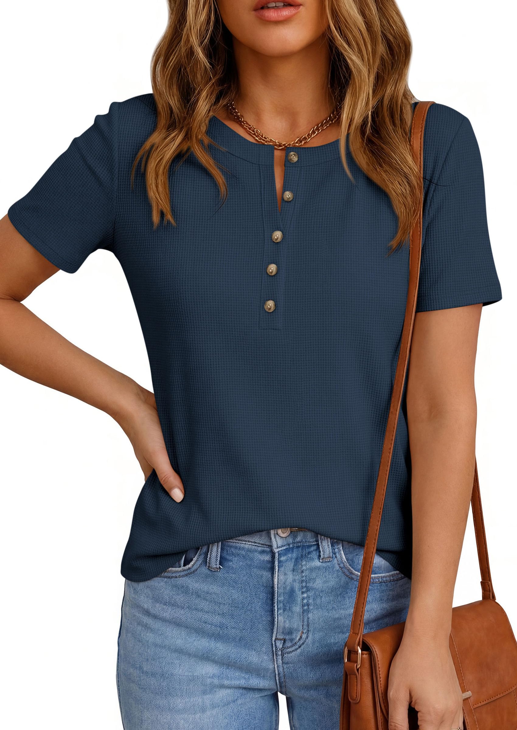PRETTYGARDEN Waffle Knit Tops for Women Short Sleeve Henley Shirts  Summer Blouses Dressy Casual Spring Fashion Clothes