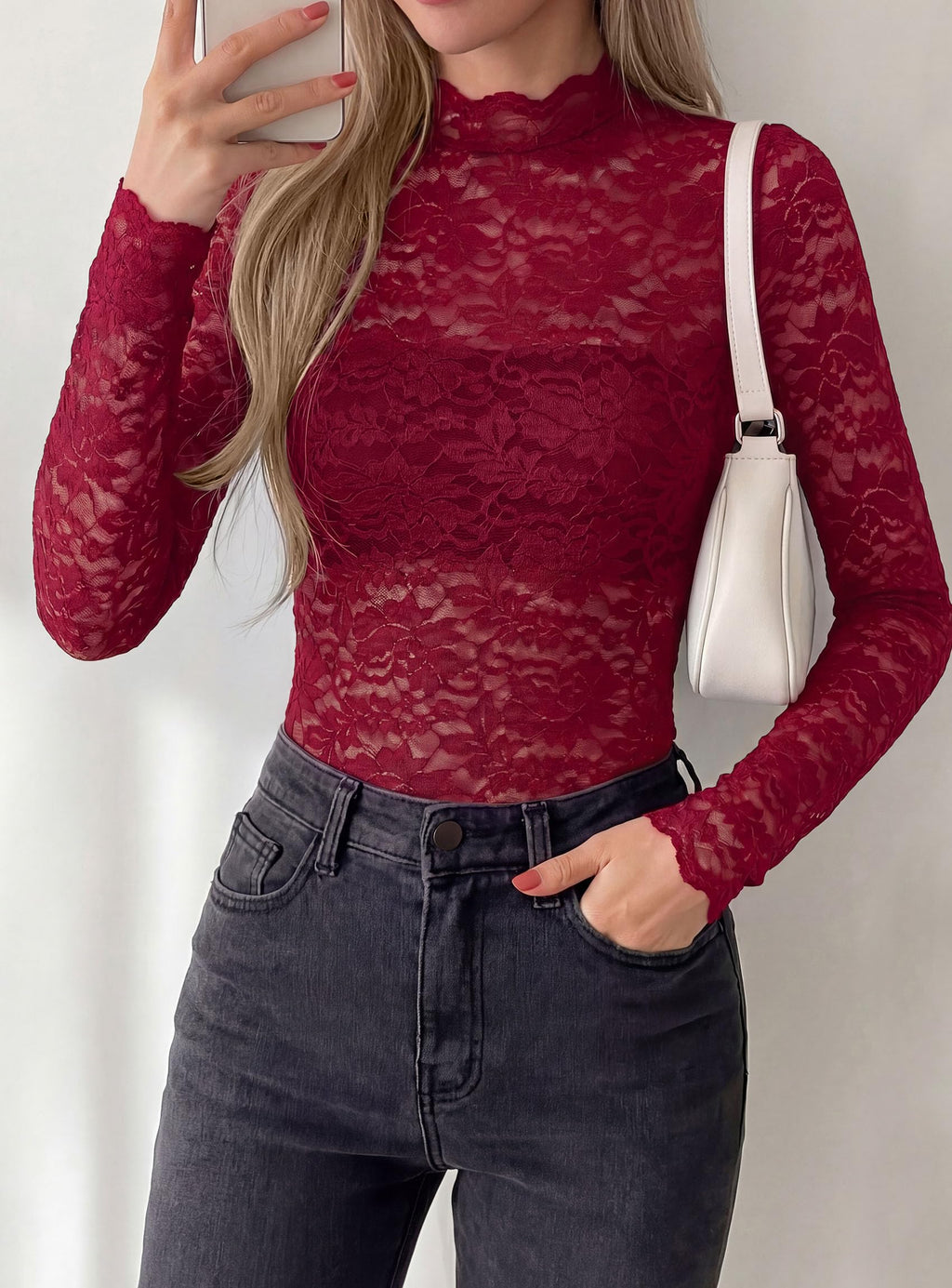 PRETTYGARDEN Womens Lace Long Sleeve Tops Sheer Mesh Blouse | Mock Neck Floral See Through, Slim Fitted, Soft Stretchy Elegant, Going Out Concert, Club Party Outfits, Fall Fashion Clothes