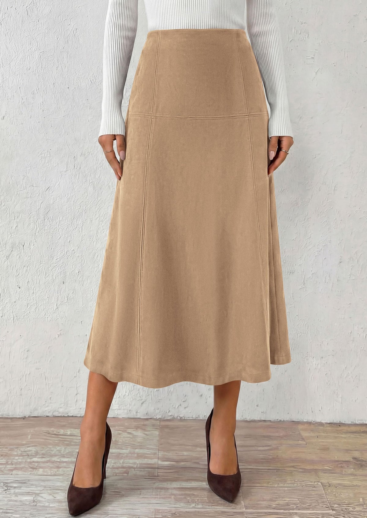 PRETTYGARDEN Womens High Waist Faux Suede A Line Midi Skirt | Hidden Stretch Elastic Waist, Front Back Panel Stitching, Vintage Elegant Mid-Calf Long Skirts for Fall Winter Office Daily