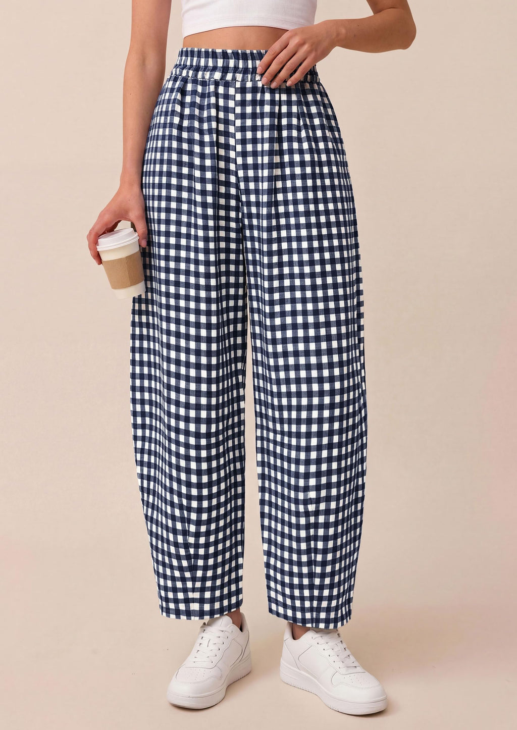 PRETTYGARDEN Plaid Barrel Pants Women Summer Casual Loose Wide Leg Lounge Gingham Trousers Spring Fashion Beach Bottoms