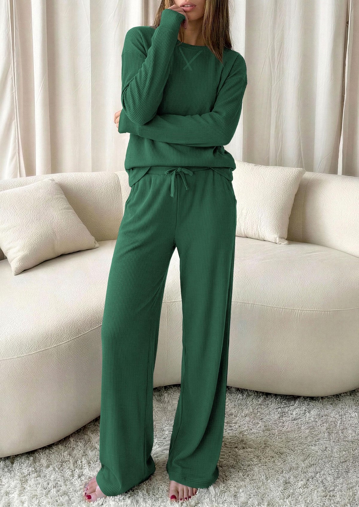 PRETTYGARDEN Sweatsuits Women 2 Piece Airport Travel Outfits | Ribbed Knit Lounge Sets, Casual Athleisure Wear, Matching Long Sleeve Shirts & Wide Leg Pants Pockets, Fall Winter Clothes