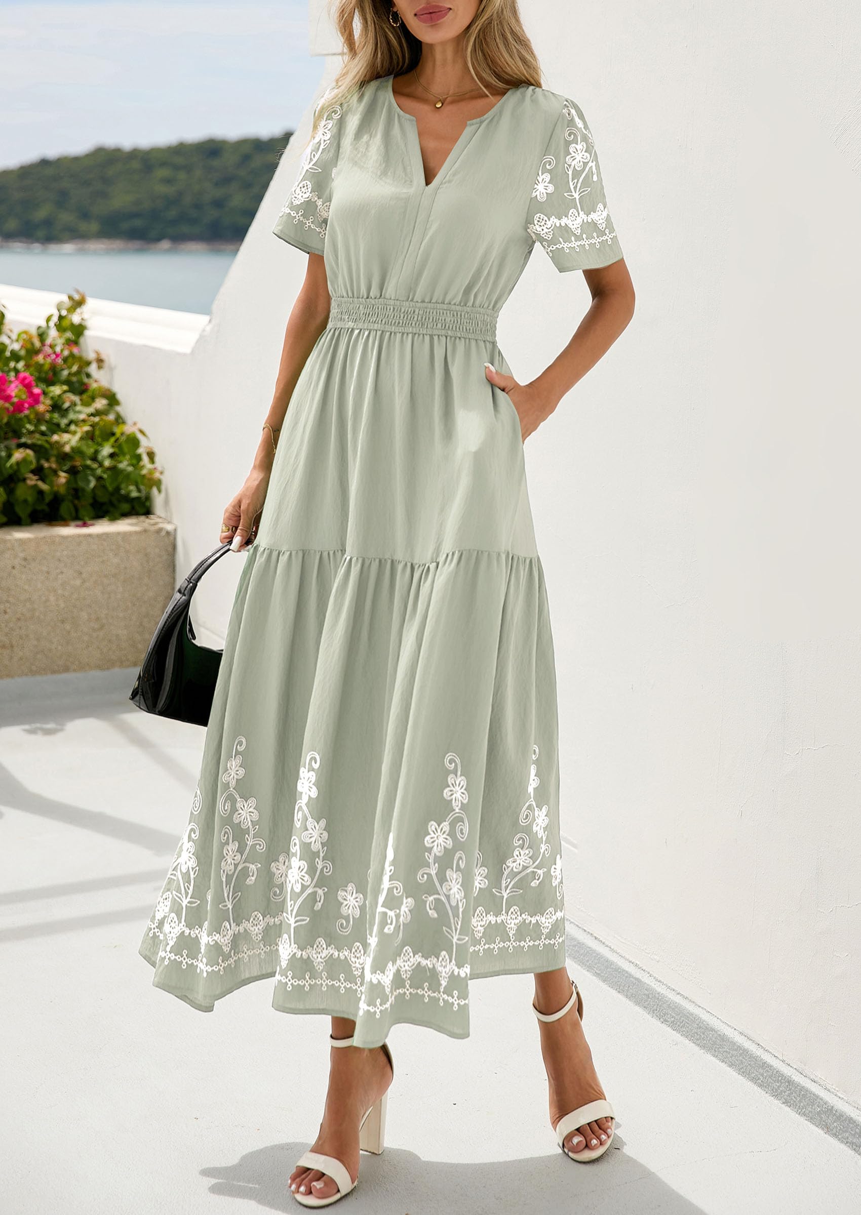 PRETTYGARDEN Women's Summer Boho Maxi Dress Spring Floral Short Sleeve V Neck A Line Flowy Beach Wedding Guest Dresses
