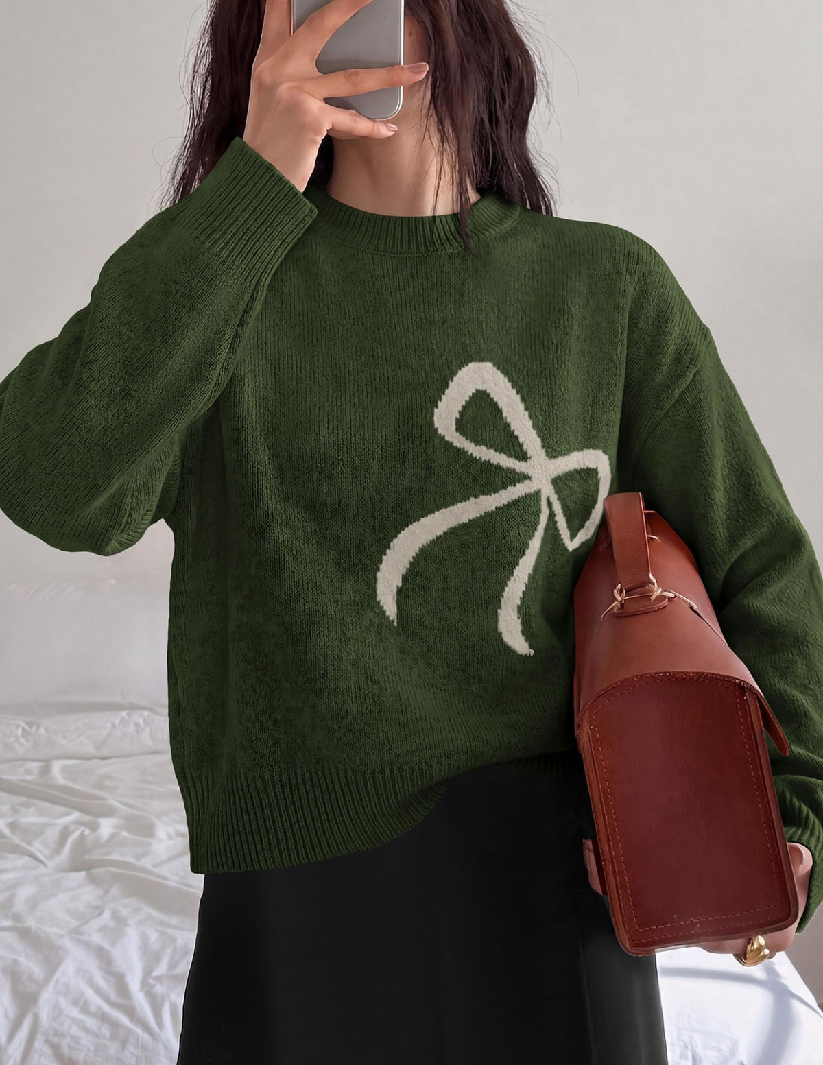 PRETTYGARDEN Womens Bow Sweater Cute Crewneck Long Sleeve Tops Fall Soft Cozy Knit Pullover,Relaxed Fit,Holiday Sweaters,Daily Wear,Work Office,Casual Going Out Y2k Tops,Winter Fashion Clothing