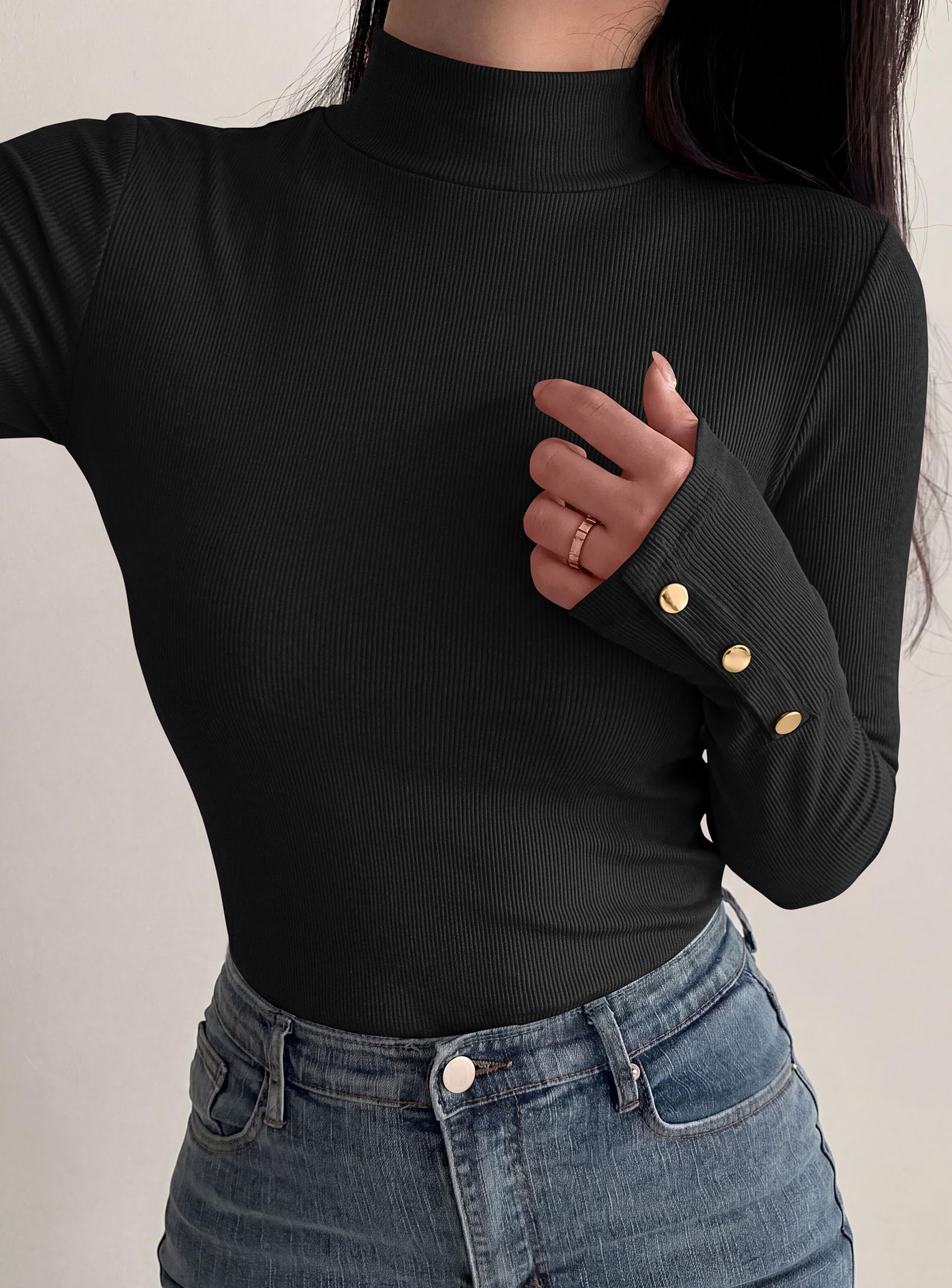PRETTYGARDEN Women's Ribbed Mock Neck Long Sleeve Tops | Slim Fitted T-Shirts, Soft Stretch, Decorative Buttons, Going Out Work Casual Wear, Fall Outfits Layering Winter Clothes
