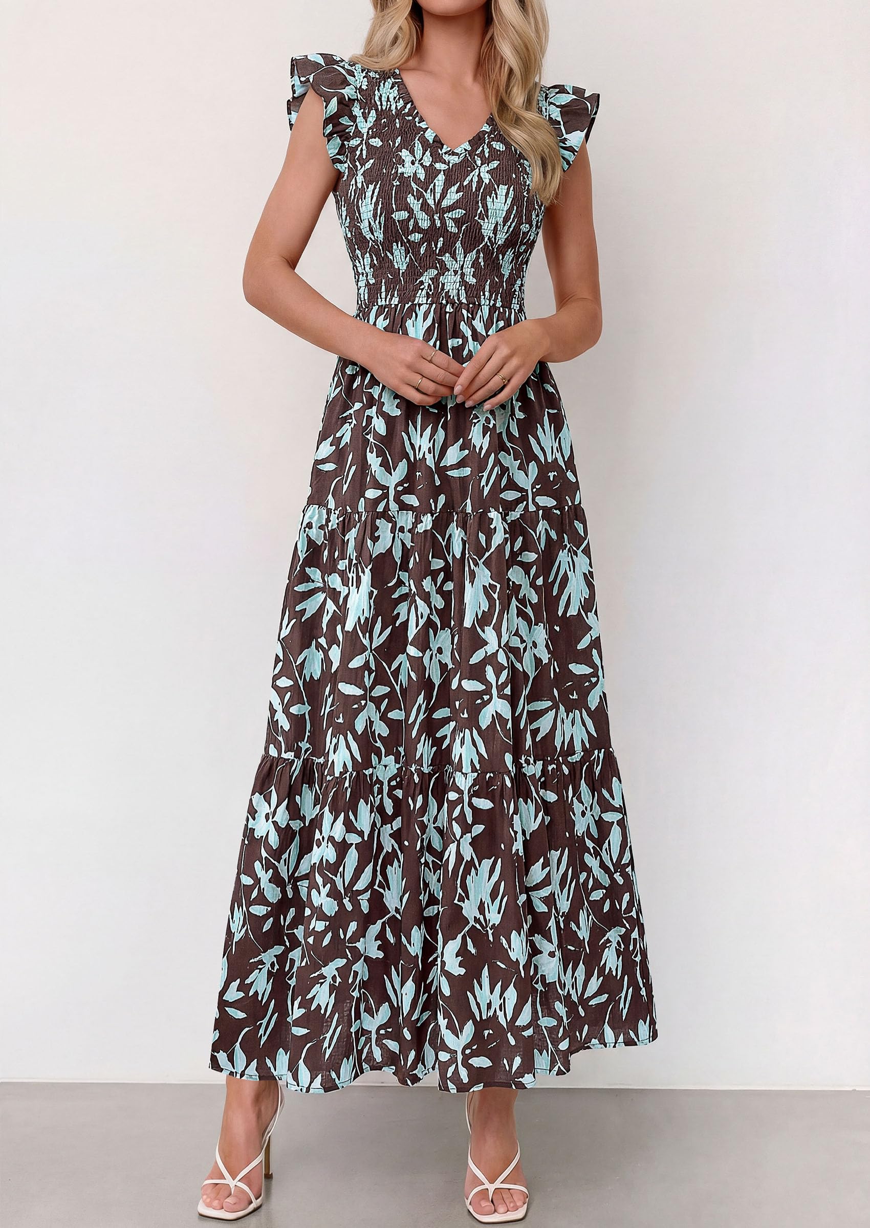 PRETTYGARDEN Women's Boho Floral Maxi Dress Summer Smocked V Neck Ruffle Sleeve Spring Flowy Beach Vacation Sundresses