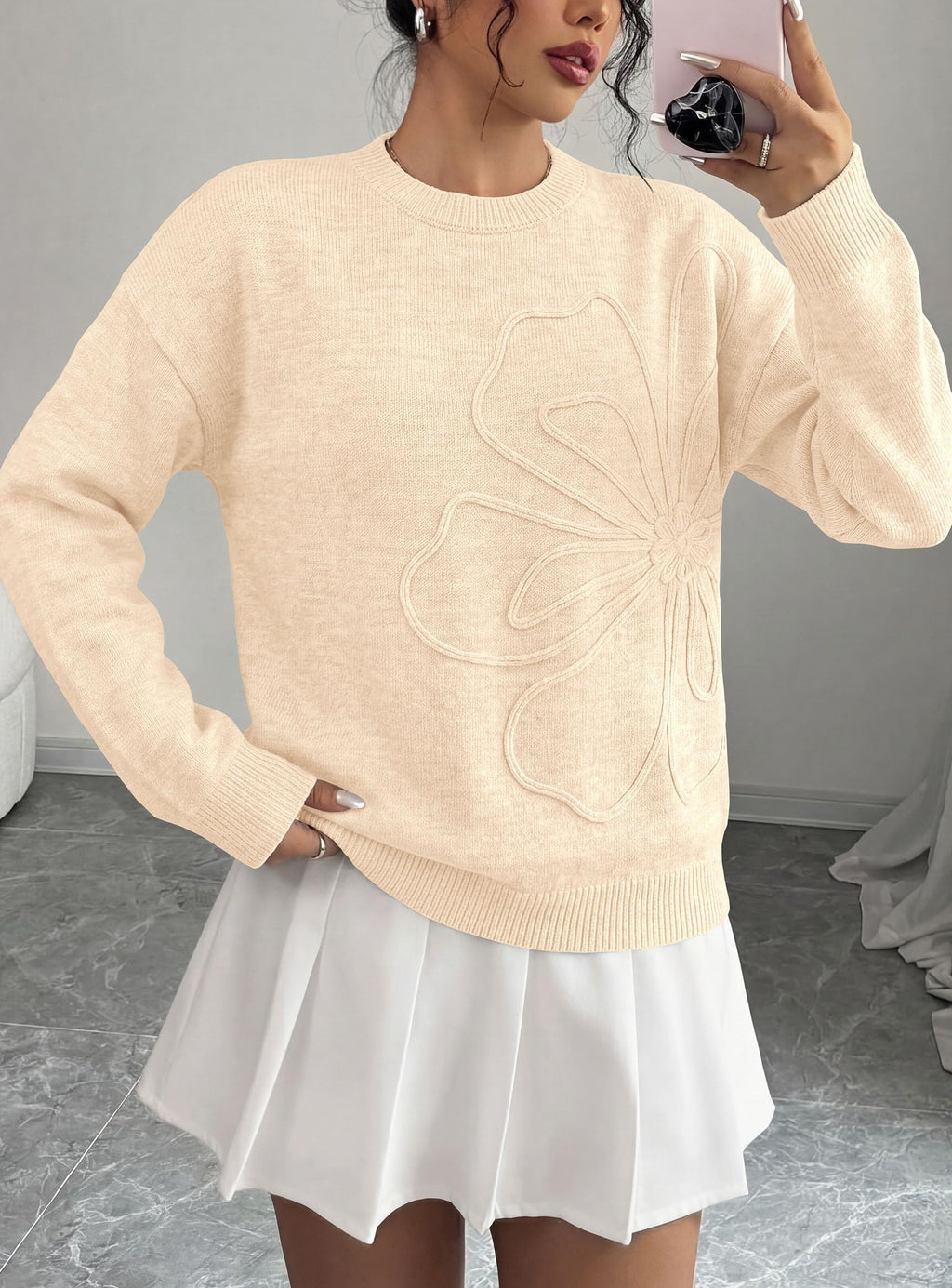 PRETTYGARDEN Women Fall Sweaters Trendy Floral Knit Pullover | Flower Embroidered Tops, Crew Neck, Soft Long Sleeve Shirts, Cozy Winter Layering Clothes for Casual Outing, Holiday Party