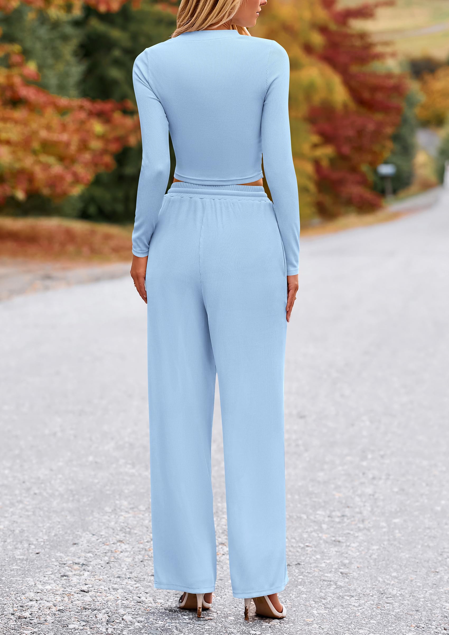 PRETTYGARDEN Women's 2 Piece Loungewear Long Sleeve Crop Top Wide Leg Palazzo Pants Set Tracksuits Casual Outfit