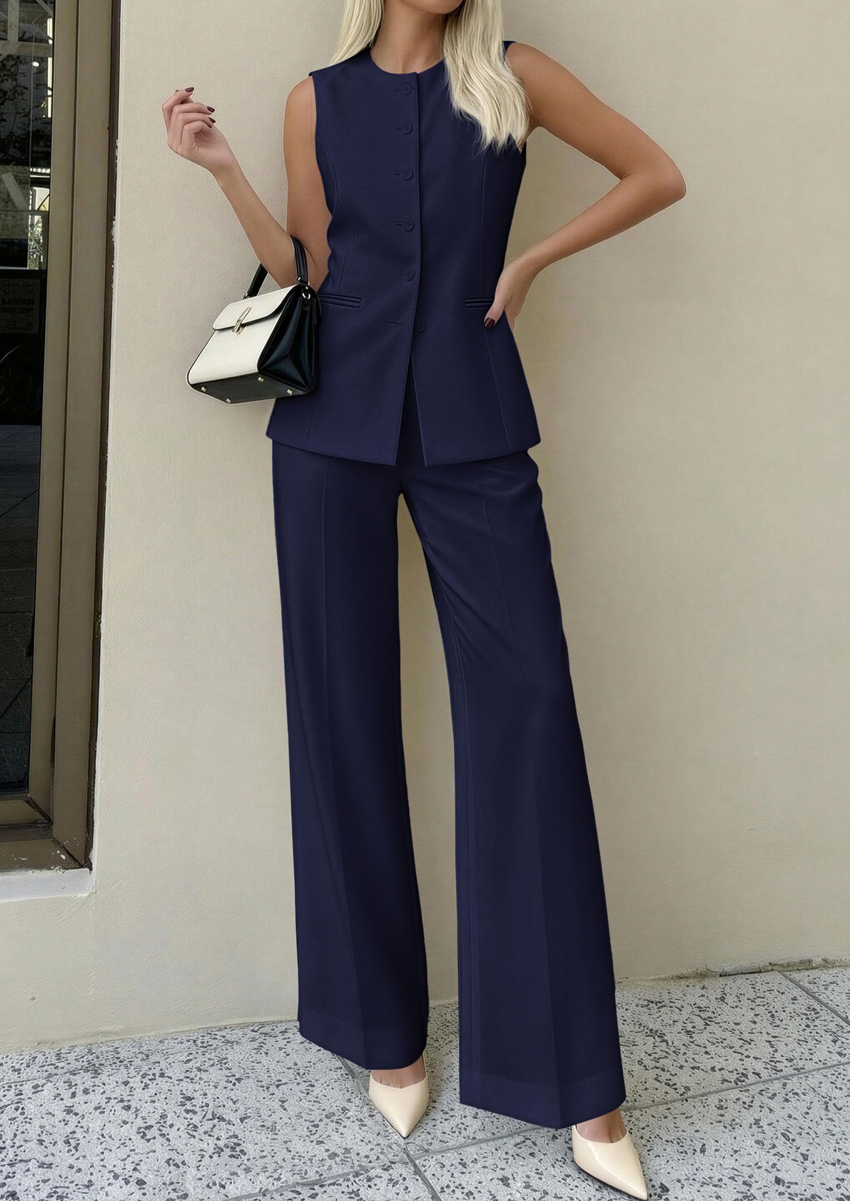 PRETTYGARDEN Women's 2 Piece Sets Summer  Work Clothes Sleeveless Blazer Vest Pants Suits Spring Business Casual Outfits