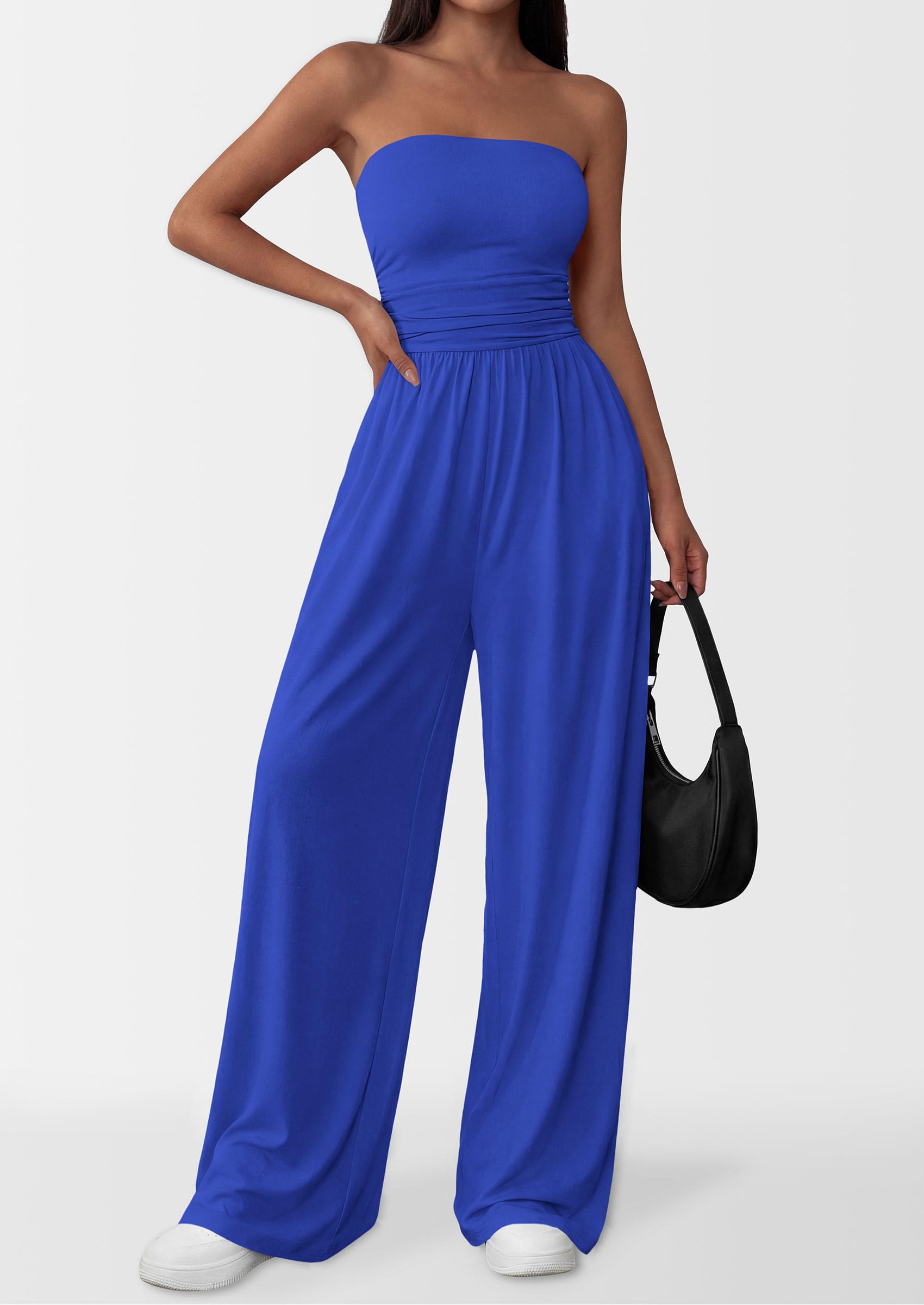 PRETTYGARDEN Womens Trendy Strapless Rompers Ruched Tube Top Wide Leg One Piece Jumpsuits Beach Vacation Summer Outfits