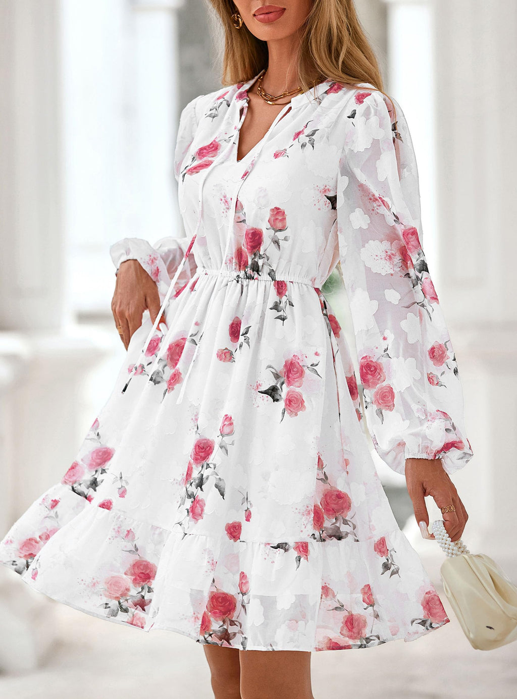 PRETTYGARDEN Women's Fall Boho Dresses  Floral Long Sleeve V Neck Mini Flowy Wedding Guest Dress Trendy Vacation Outfits