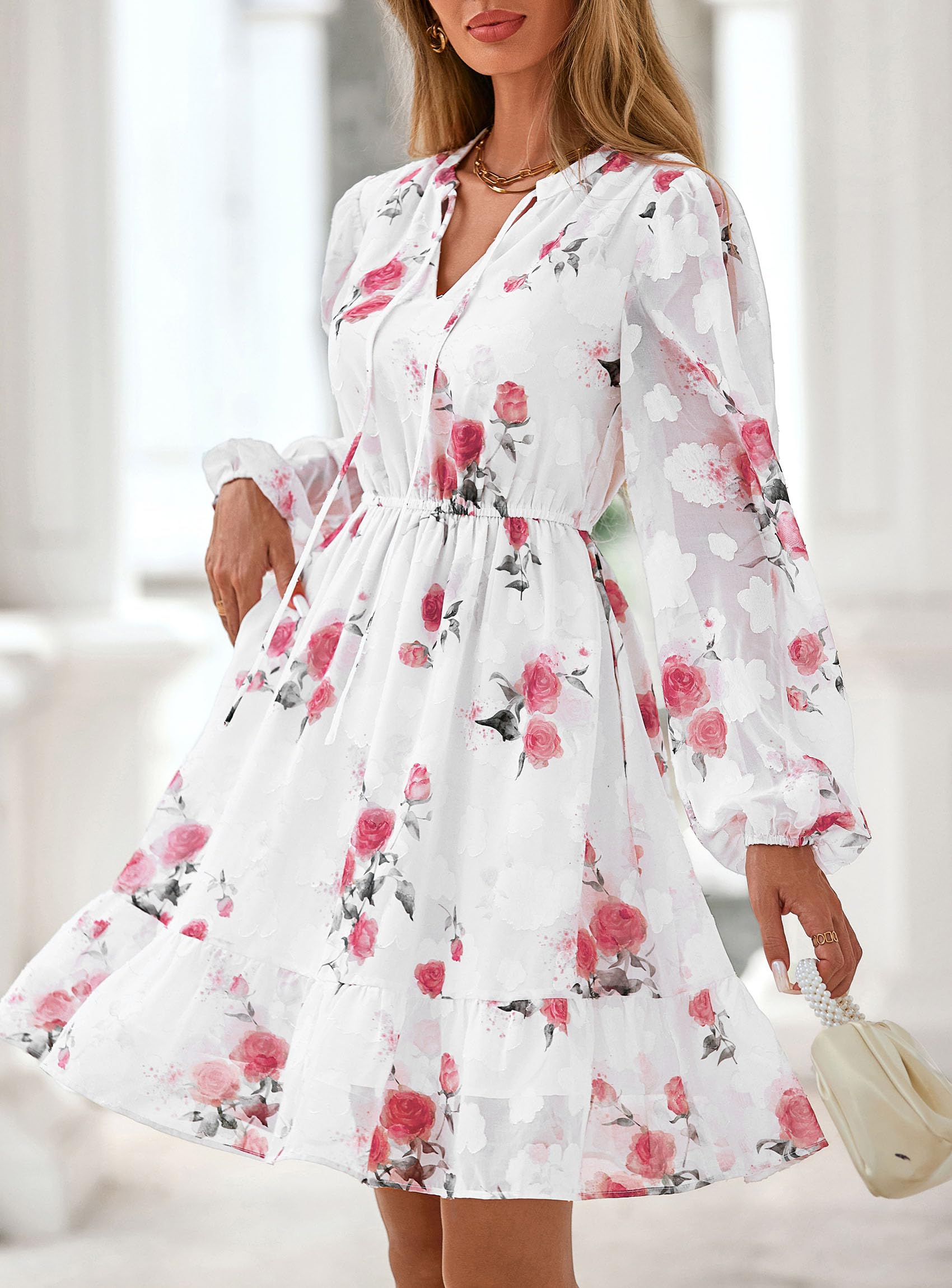 PRETTYGARDEN Women's Fall Boho Dresses  Floral Long Sleeve V Neck Mini Flowy Wedding Guest Dress Trendy Vacation Outfits