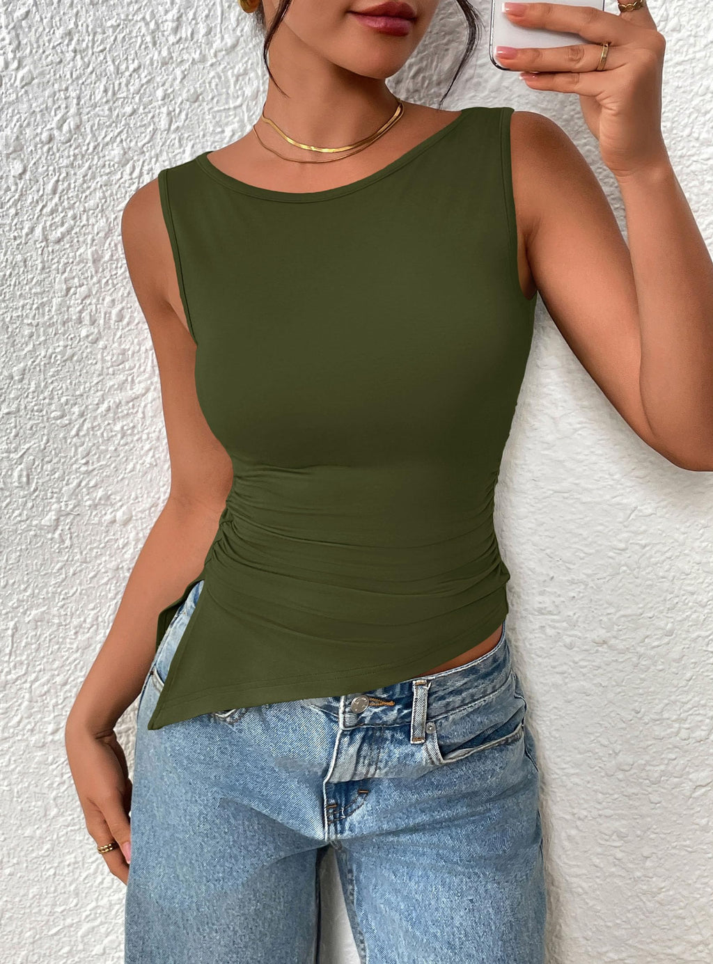 PRETTYGARDEN Womens Ruched Tank Tops  Summer Sleeveless Slim Fit T Shirts Blouses Going Out Y2K Fashion Clothes