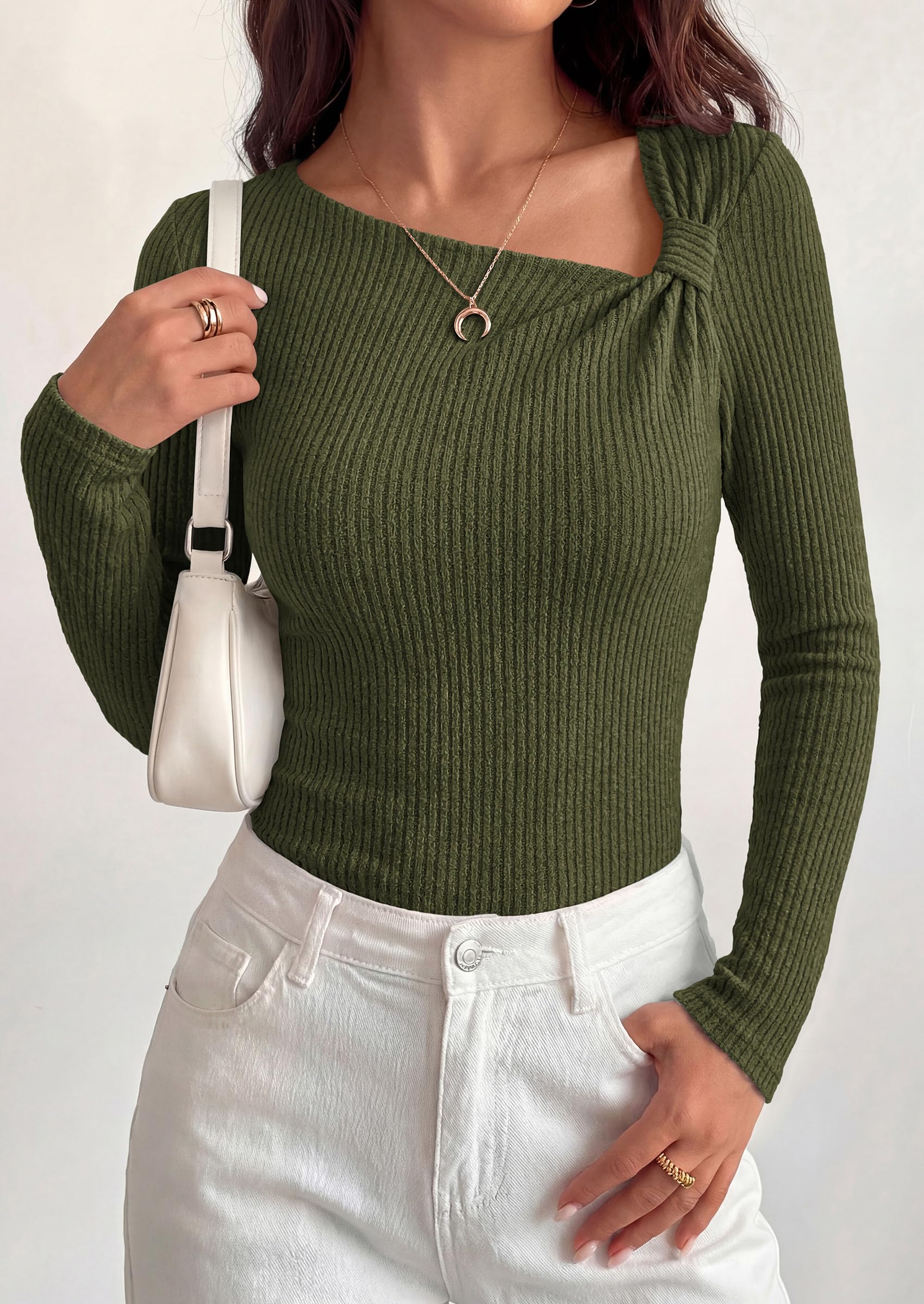 PRETTYGARDEN Womens  Early Fall Fashion Long Sleeve T Shirts Asymmetrical Ribbed Fitted Trendy Going Out Tops Y2K Outfits