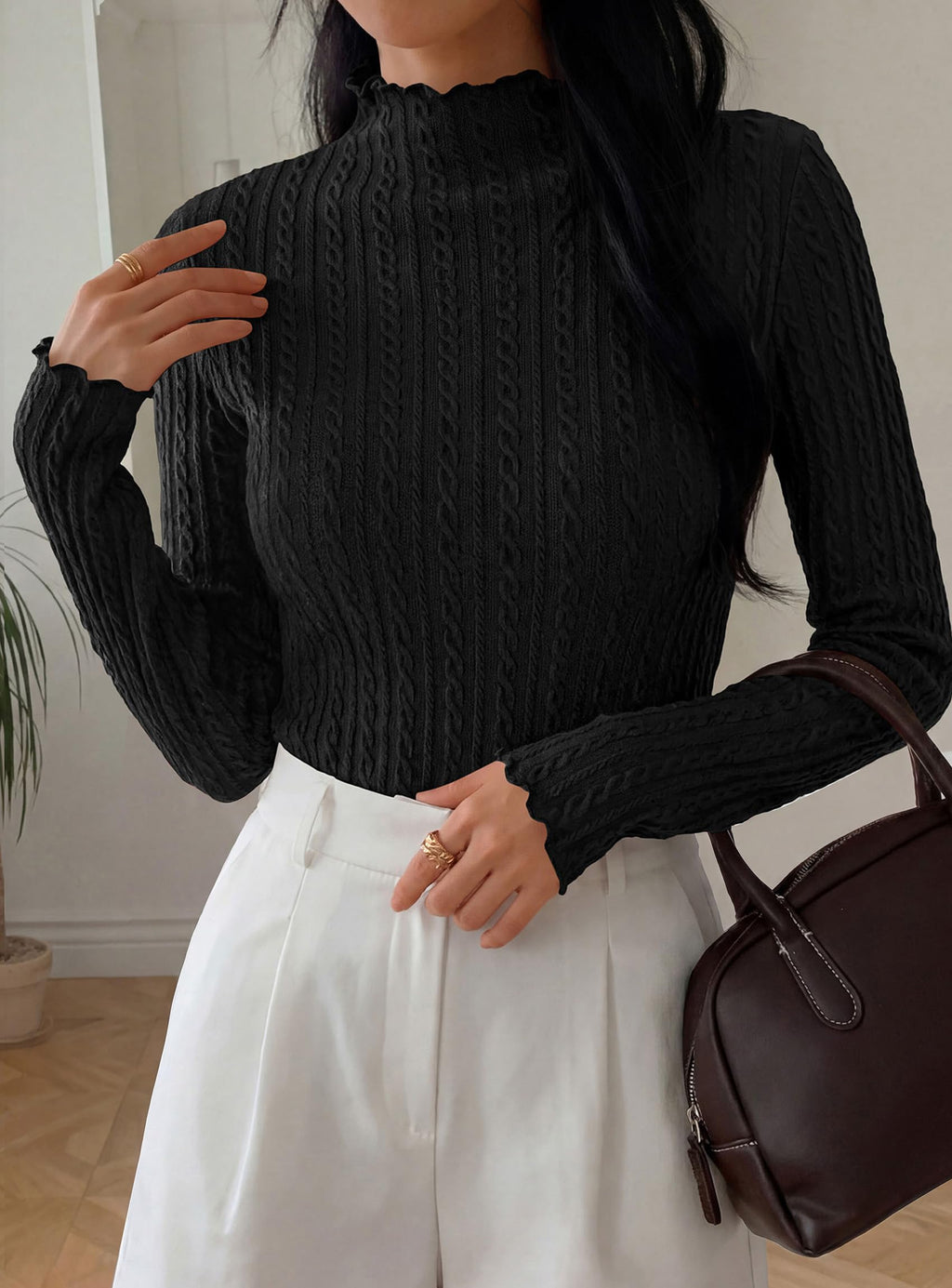 PRETTYGARDEN Women's Fall Long Sleeve Fitted Shirts | Comfy Stretchy Cable Knit, Trendy Lettuce Trim Mock Neck, Casual Basic Tees, Cute Layering Tops, 2026 Fashion Clothing