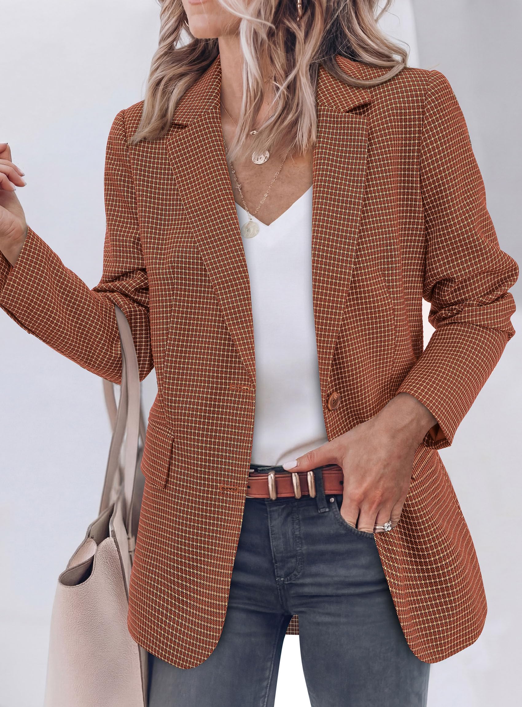 PRETTYGARDEN Fall Blazers for Women Business Casual | Long Sleeve Plaid Houndstooth, Notch Lapel Pockets, Oversized Blazer Outerwear, Trendy Suit Jackets, 2026 Winter Work Outfits
