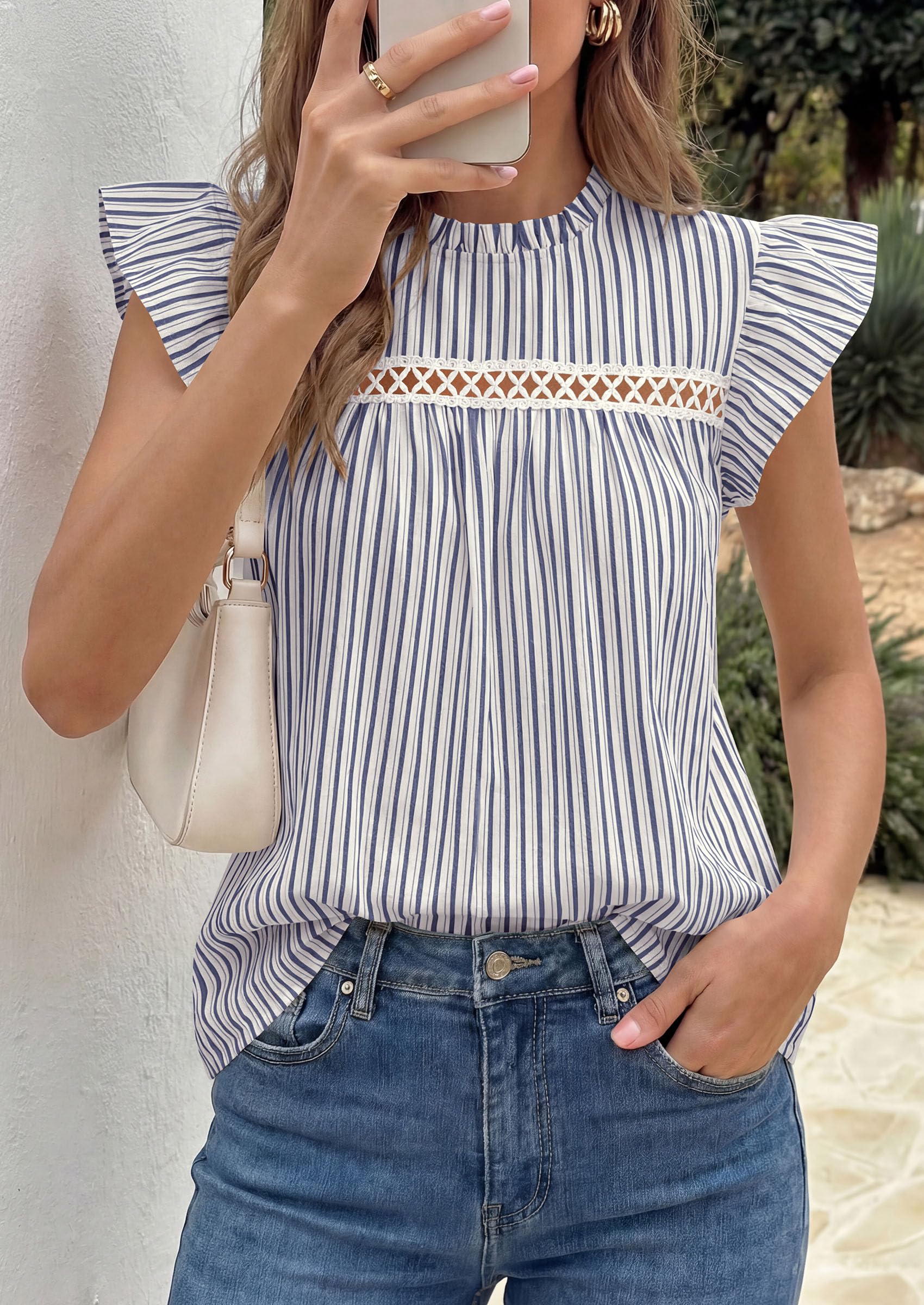 PRETTYGARDEN Striped Shirt Womens Summer Tops  Spring Business Casual Work Dressy Crochet Lace Ruffle Cap Sleeve Blouse