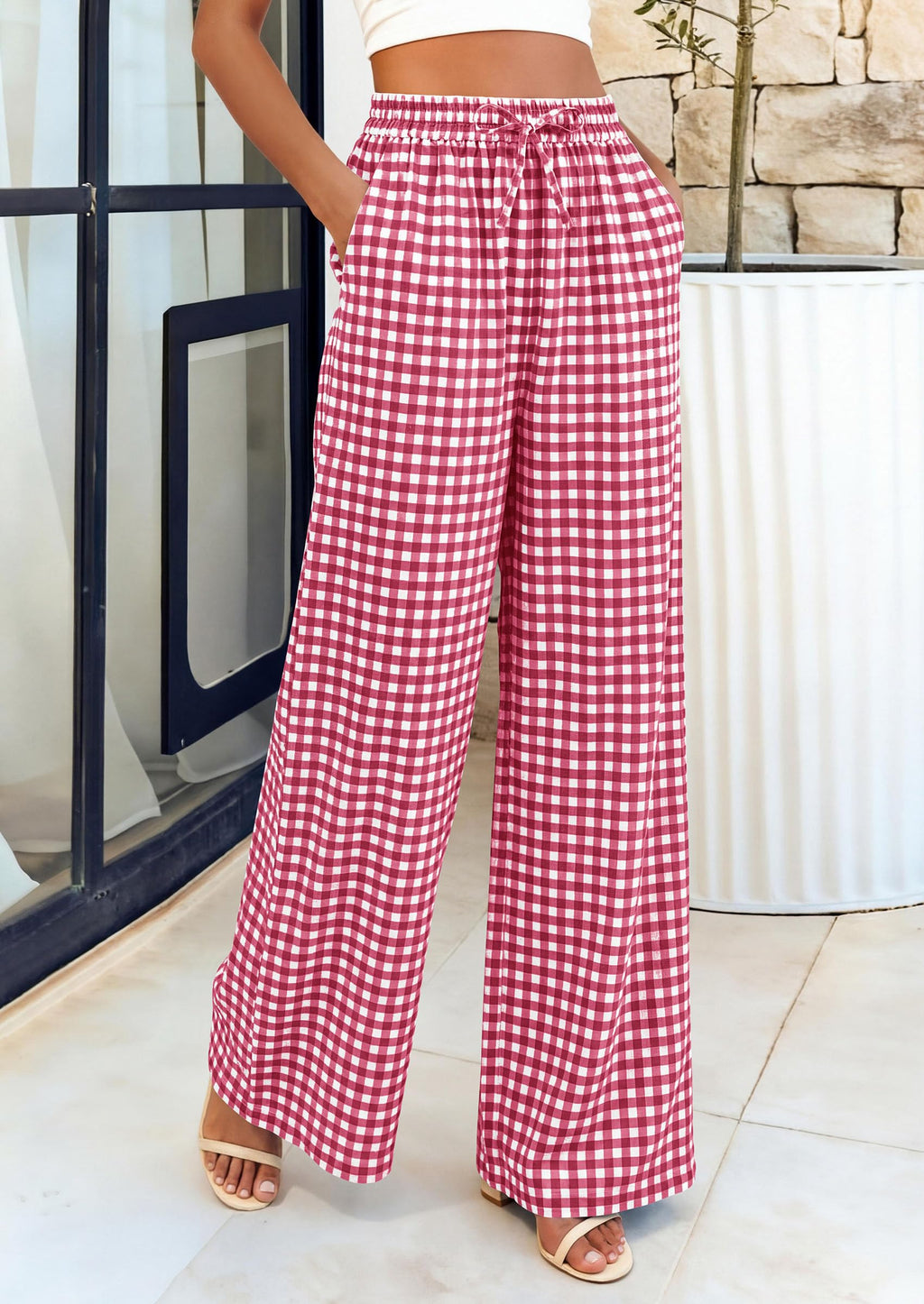 PRETTYGARDEN Women's Wide Leg Gingham Lounge Pants Summer  Casual Plaid Trousers Spring Y2K Clothes Comfy Pajama Bottoms