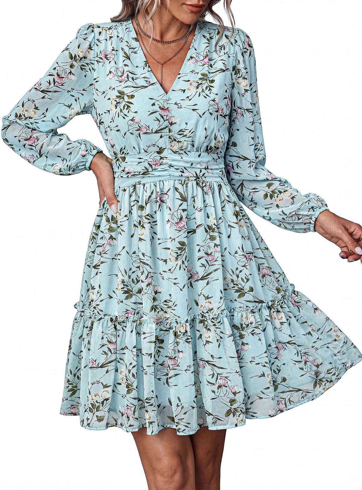 PRETTYGARDEN Women Floral Long Sleeve Mini Dress | Fall Wedding Guest Dresses, V Neck, Fit & Flare, Ruffle Hem A-Line, Short Chiffon Dress, Elegant Holiday Party, Date Outfits