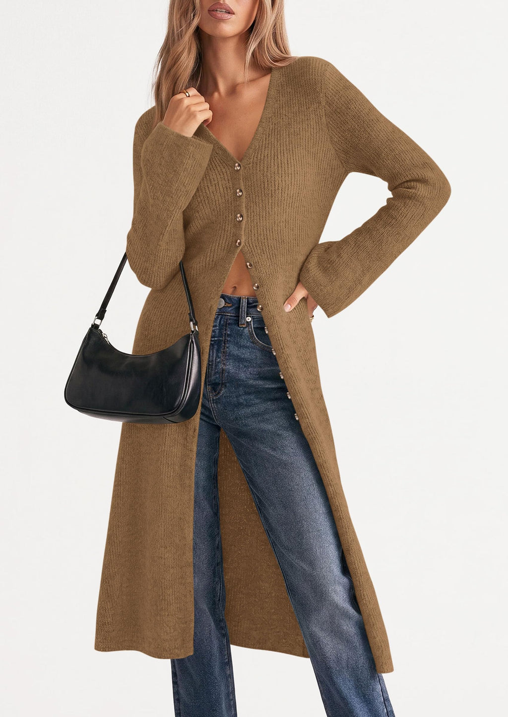PRETTYGARDEN Women Long Cardigan Bell Sleeve Sweater Dress Early Fall Fashion, V Neck Button Down Coats, Fit and Flare, Duster Sweater, Acrylic Cotton Blend