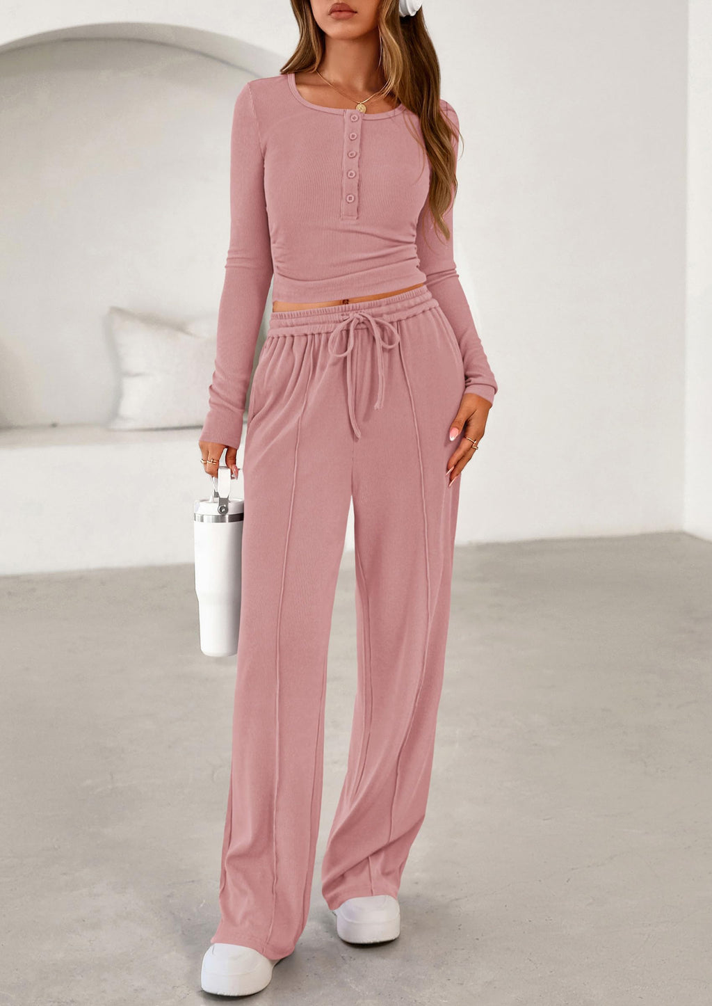 PRETTYGARDEN Women's  Fall Trendy 2 Piece Outfits Lounge Sets Long Sleeve Top Henley Shirts Wide Leg Pants Travel Clothes