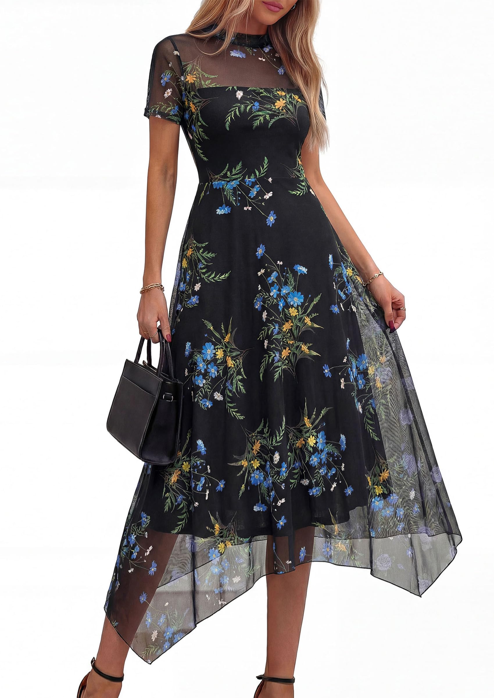 PRETTYGARDEN Cocktail Dresses for Women  Summer Short Sleeve Floral Mesh Sheer Midi Party Wedding Guest Dress