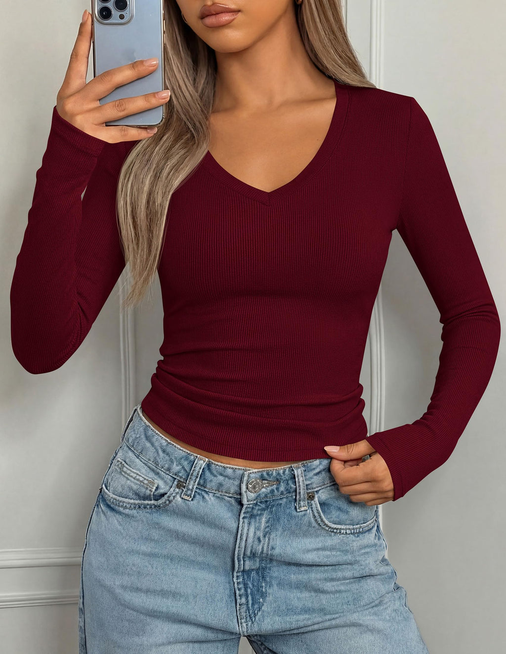 PRETTYGARDEN Long Sleeve Shirts for Women Fall V Neck Basic Tee Casual Fitted Ribbed Going Out Tops Kint Y2K Clothes