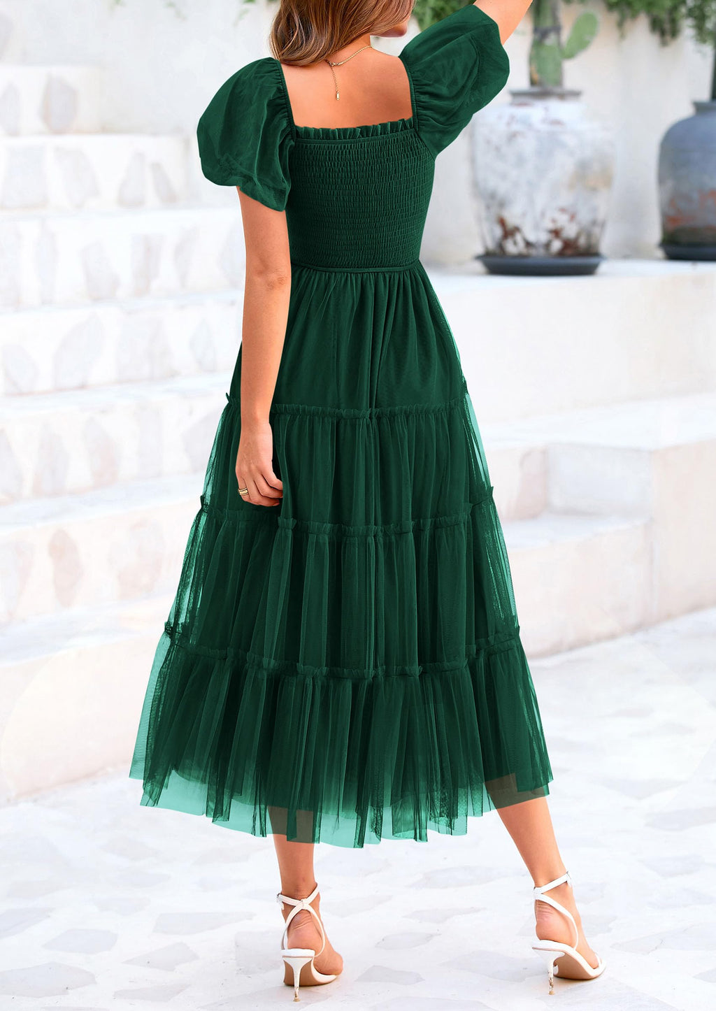 PRETTYGARDEN Women's Smocked Midi Tulle Dress  Summer Puffy Short Sleeve Square Neck Ruffle Wedding Guest Party Dresses