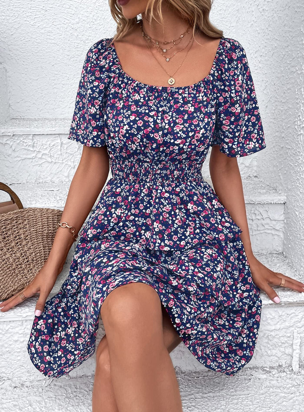 PRETTYGARDEN Women's  Floral Summer Short Dress Square Neck Short Sleeve Tiered Ruffle Boho Swing Dresses