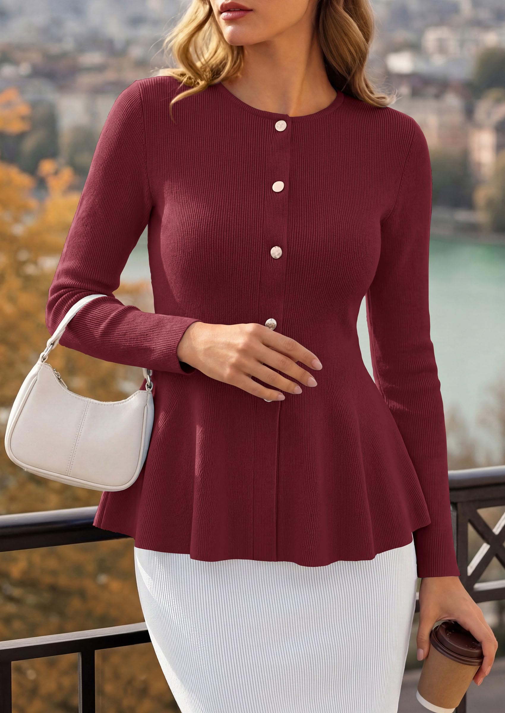 PRETTYGARDEN Women's Fall Lightweight Cardigan Sweaters | Long Sleeve Peplum Tops, Button Up, Slim Fitted, Flared Hem, Soft Ribbed Knit, Business Casual Outfits, Winter Trendy Clothes