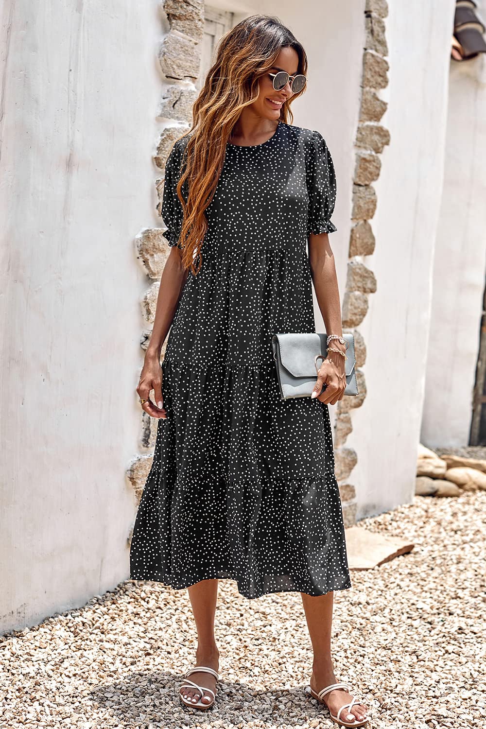 PRETTYGARDEN Summer Dresses for Women Casual Floral Boho Midi Sun Dress Puff Short Sleeve Flowy Beach Vacation Sundress