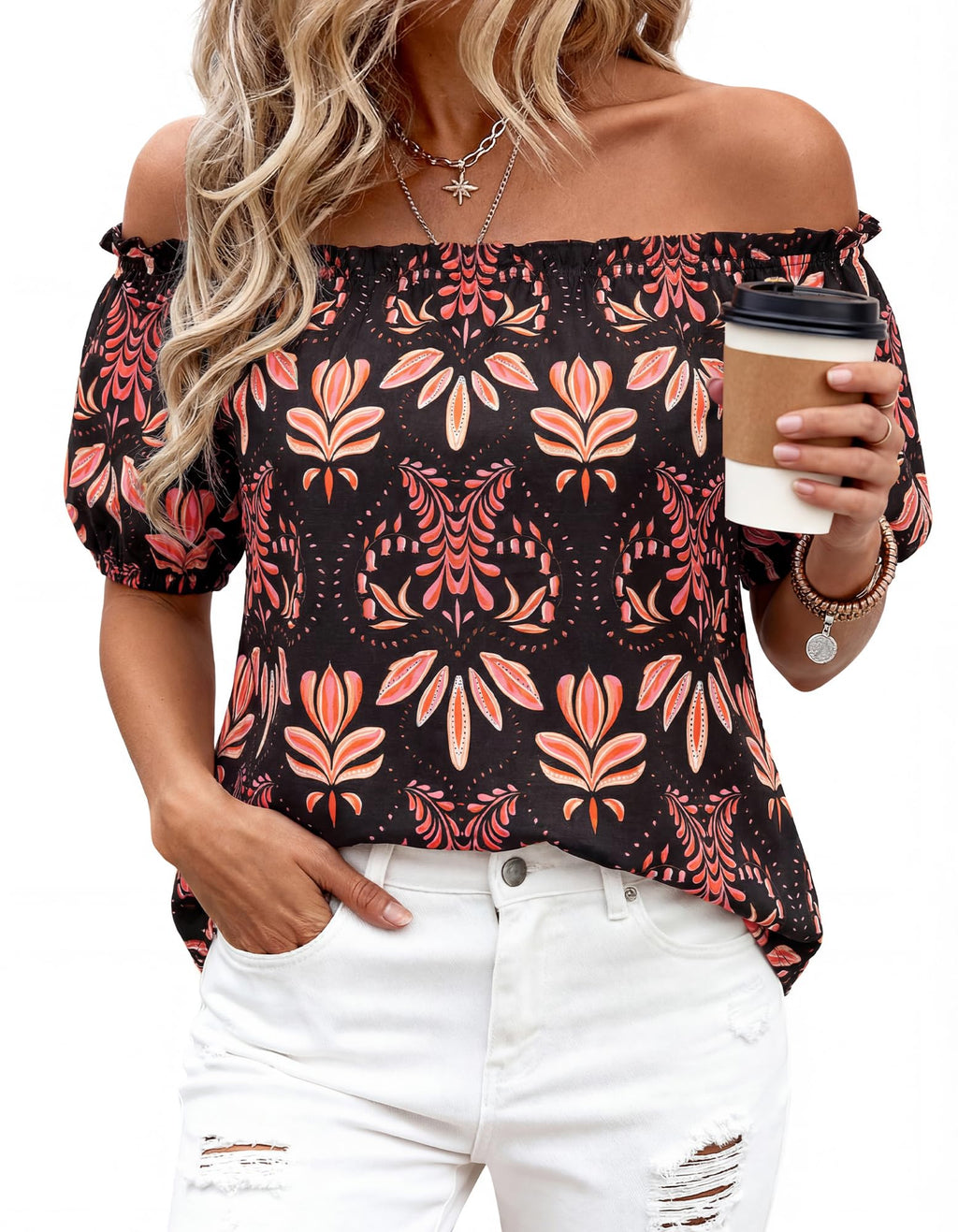 BTFBM Off The Shoulder Spring Tops for Women Summer Blouses Boho Floral Short Sleeve Shirts Dressy Casual Outfits