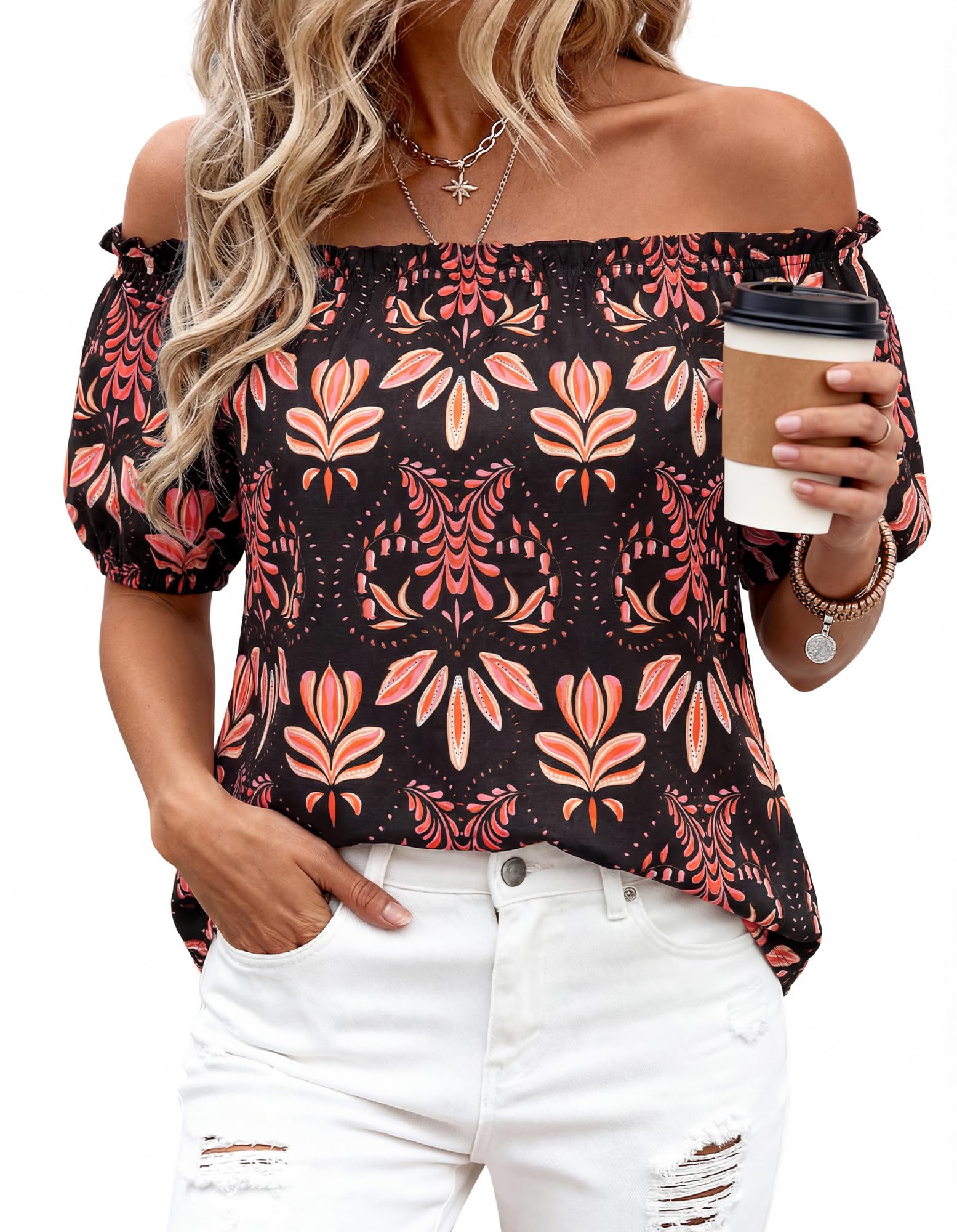 BTFBM Off The Shoulder Spring Tops for Women Summer Blouses Boho Floral Short Sleeve Shirts Dressy Casual Outfits