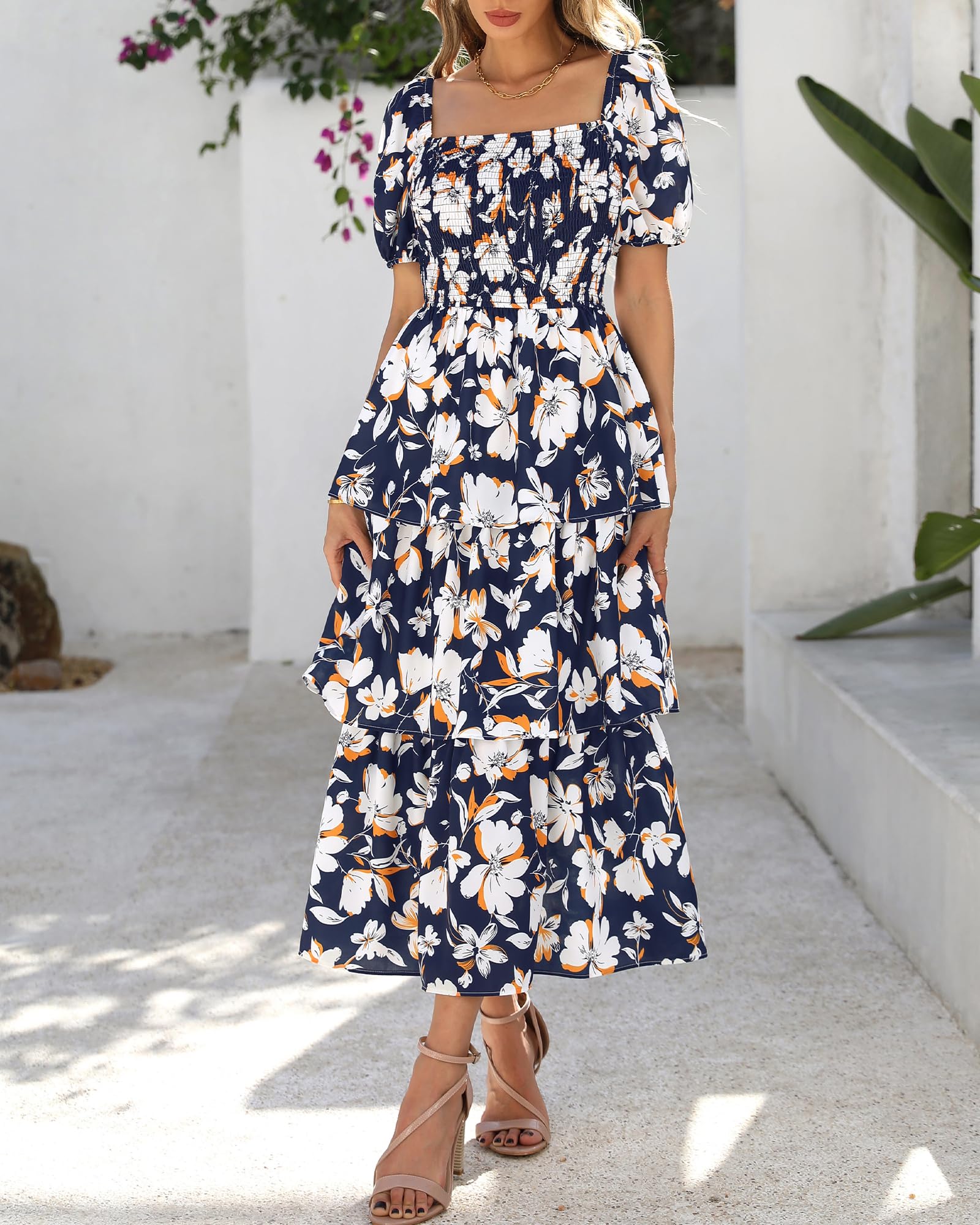BTFBM Womens Square Neck Smocked Dress Summer Puff Short Sleeve Floral Casual Ruffle Tiered Maxi Wedding Guest Dresses