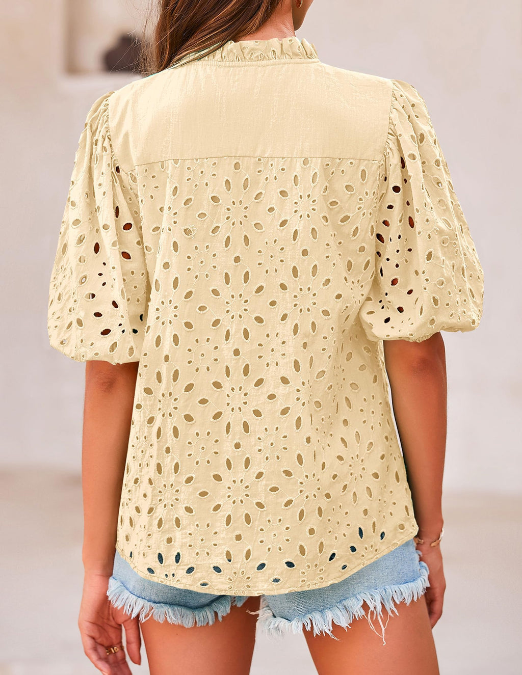 PRETTYGARDEN Women's Summer Tops Dressy Casual Short Sleeve V Neck Buttons Hollow Out Lace Embroidered Blouses Shirts