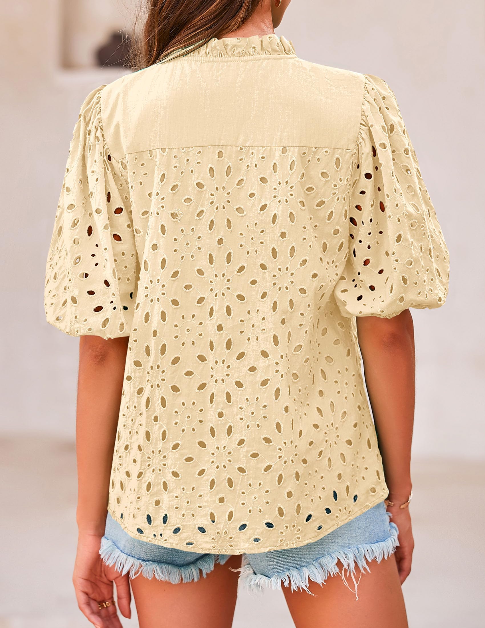 PRETTYGARDEN Women's Summer Tops Dressy Casual Short Sleeve V Neck Buttons Hollow Out Lace Embroidered Blouses Shirts