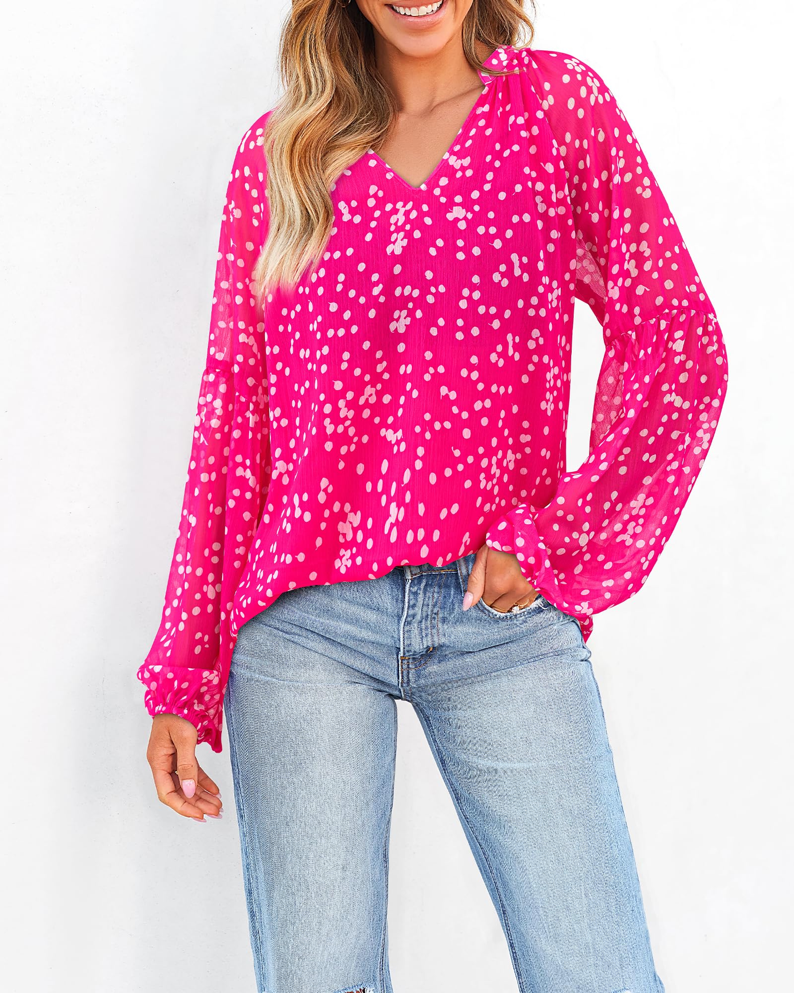 BTFBM Blouses for Women Dressy Casual Floral Summer Boho Tops V Neck Lightweight Long Sleeve Shirts Spring Clothes
